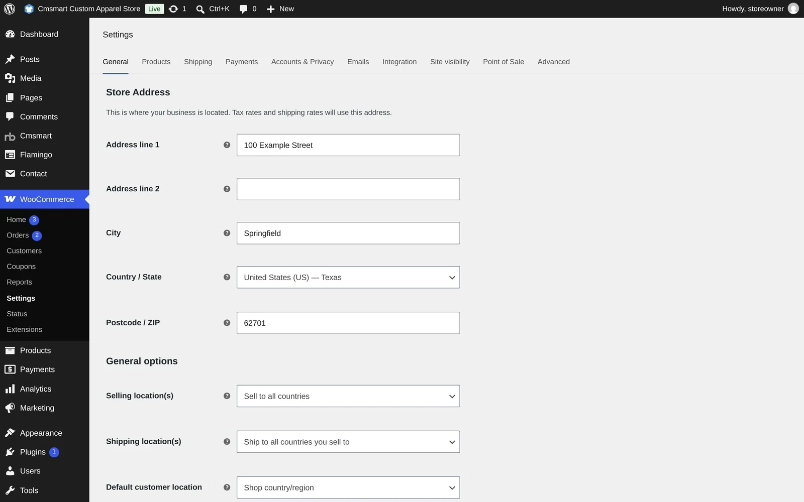 WooCommerce General settings showing the store address fields and selling and shipping location options
