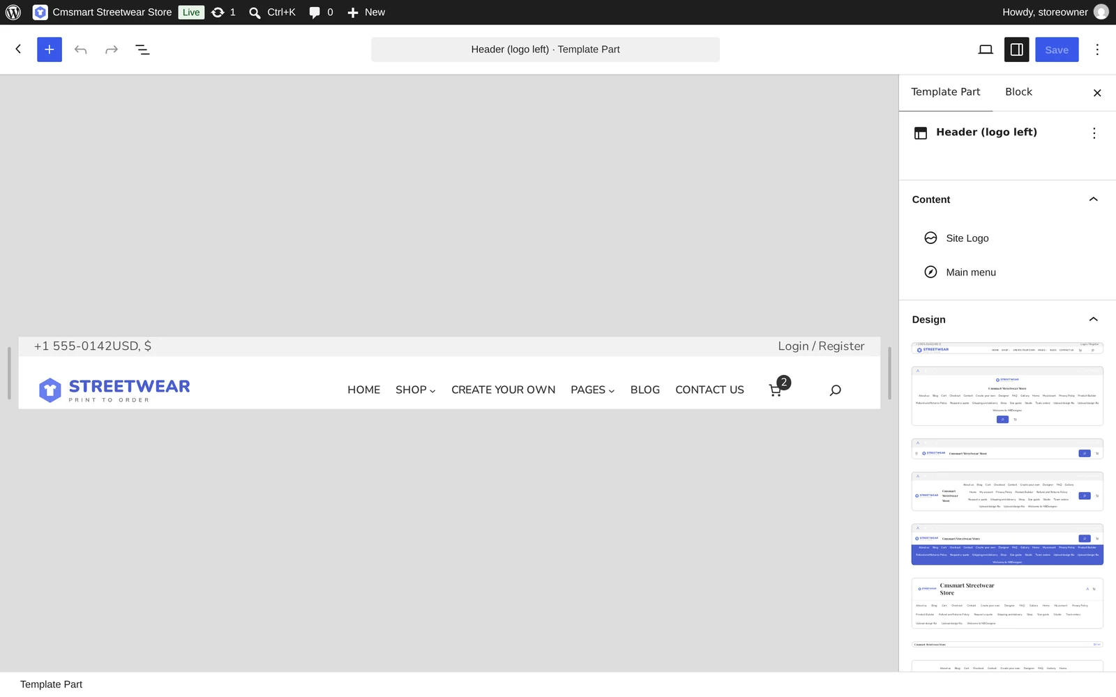 Site Editor open on the Streetwear Store header template part showing the Site Logo and Main menu blocks