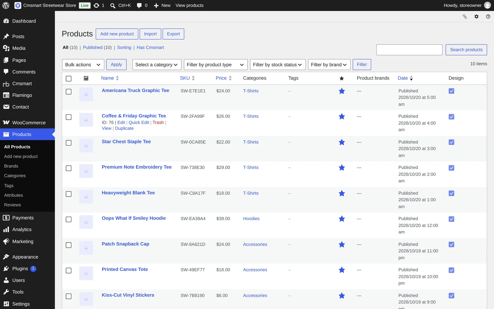 WooCommerce Products list with ten sample streetwear products and a Design column showing Cmsmart Product Designer enabled