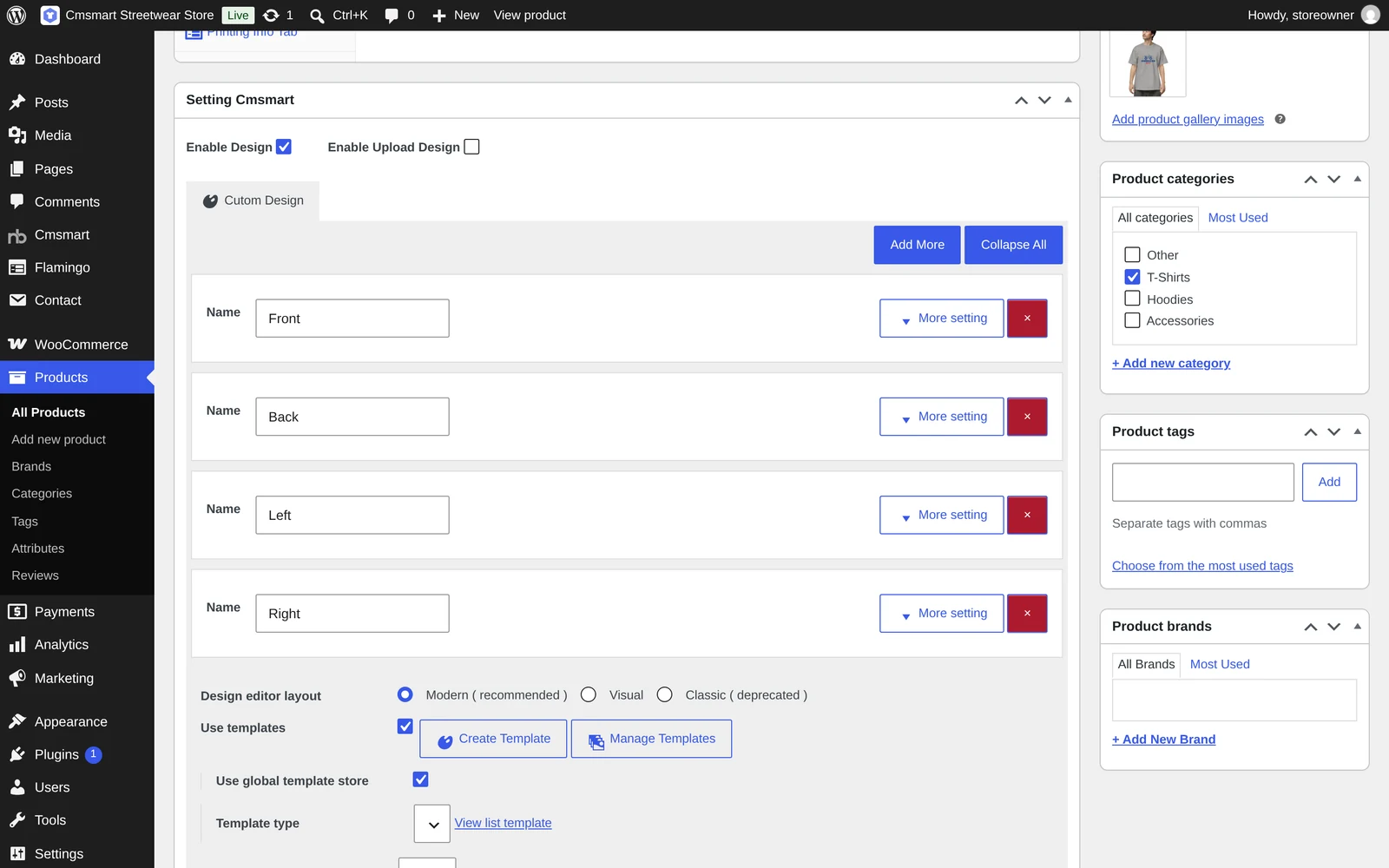 Setting Cmsmart box on a product edit screen with Front, Back, Left and Right design areas and Enable Design switch