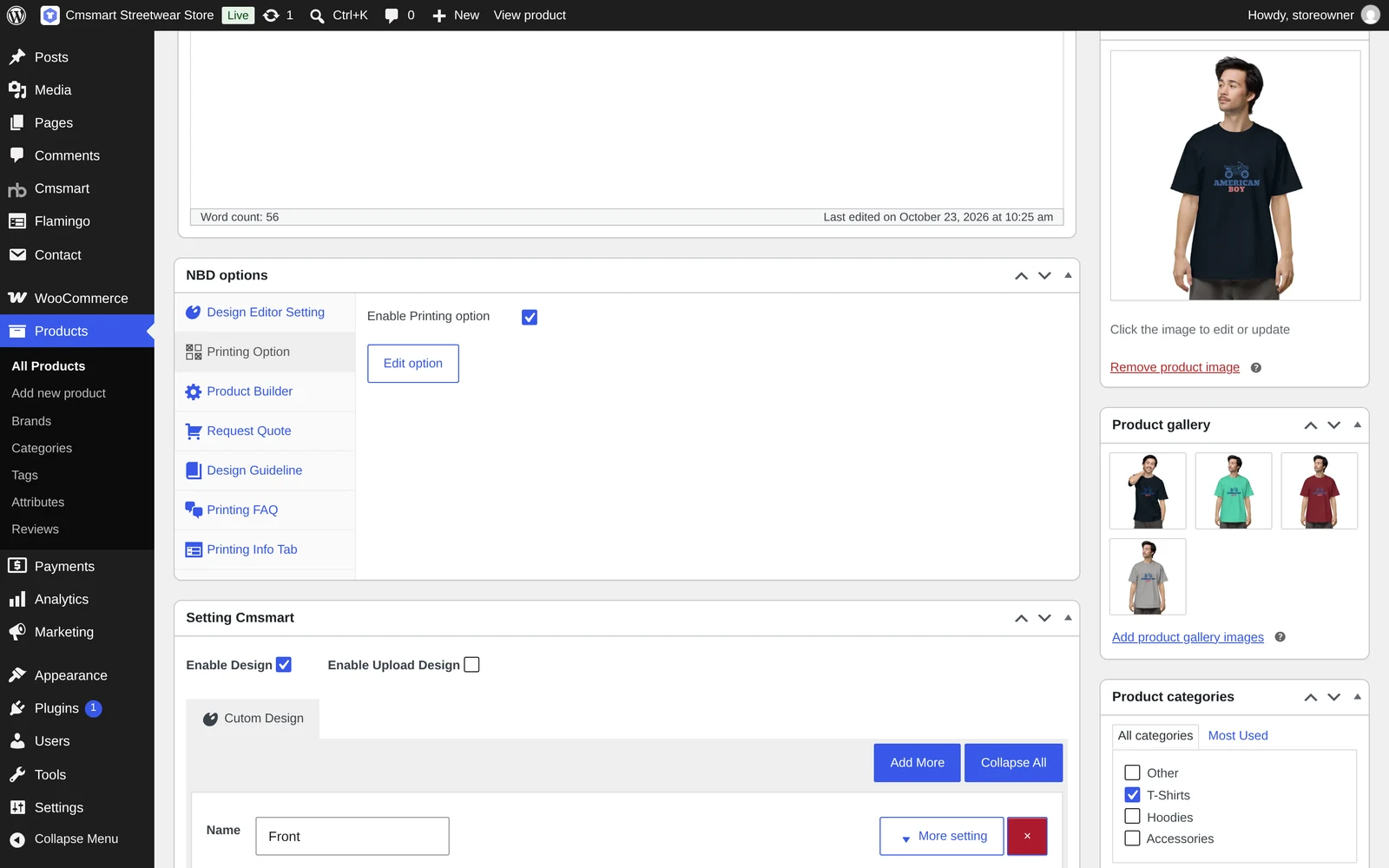 NBD options box on a product edit screen with Enable Printing option checked and an Edit option button