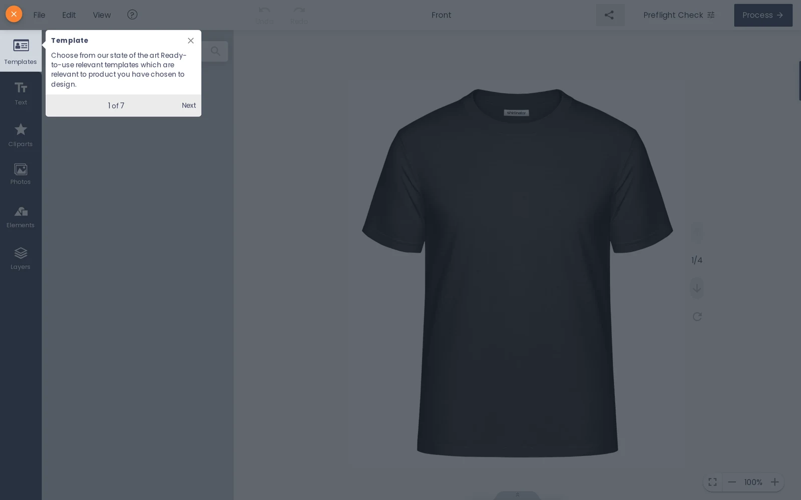 Cmsmart Product Designer open on a streetwear tee showing the template chooser and design toolbar