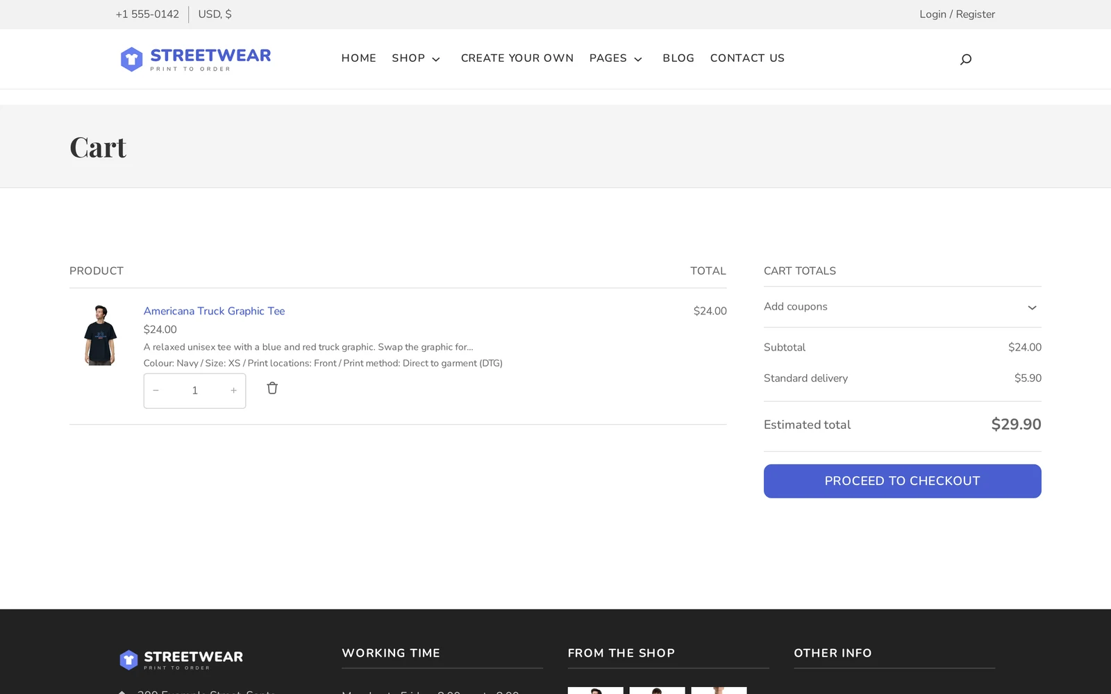 WooCommerce cart showing a designed tee with colour, size, print location and print method listed