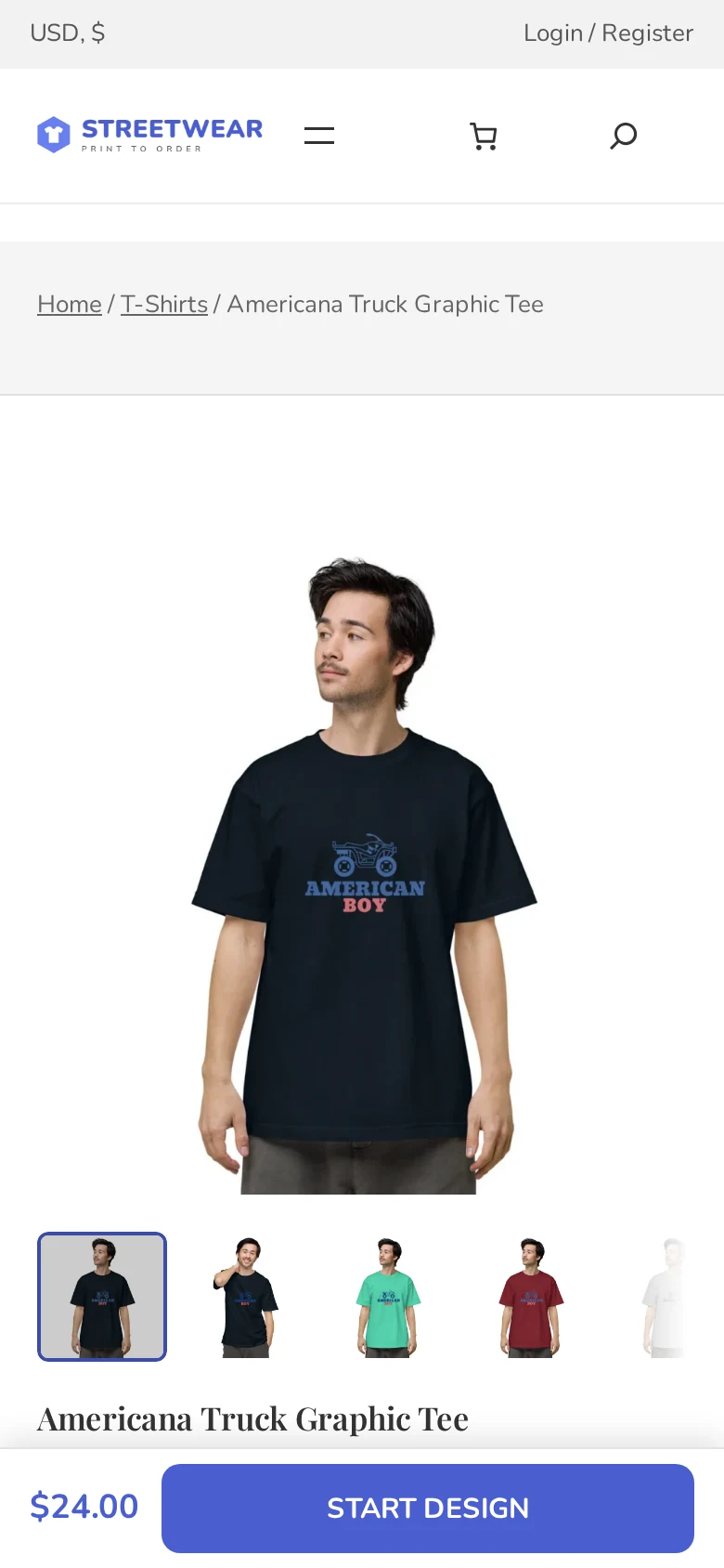 Mobile product page for a streetwear tee with the Start Design button above Add to cart
