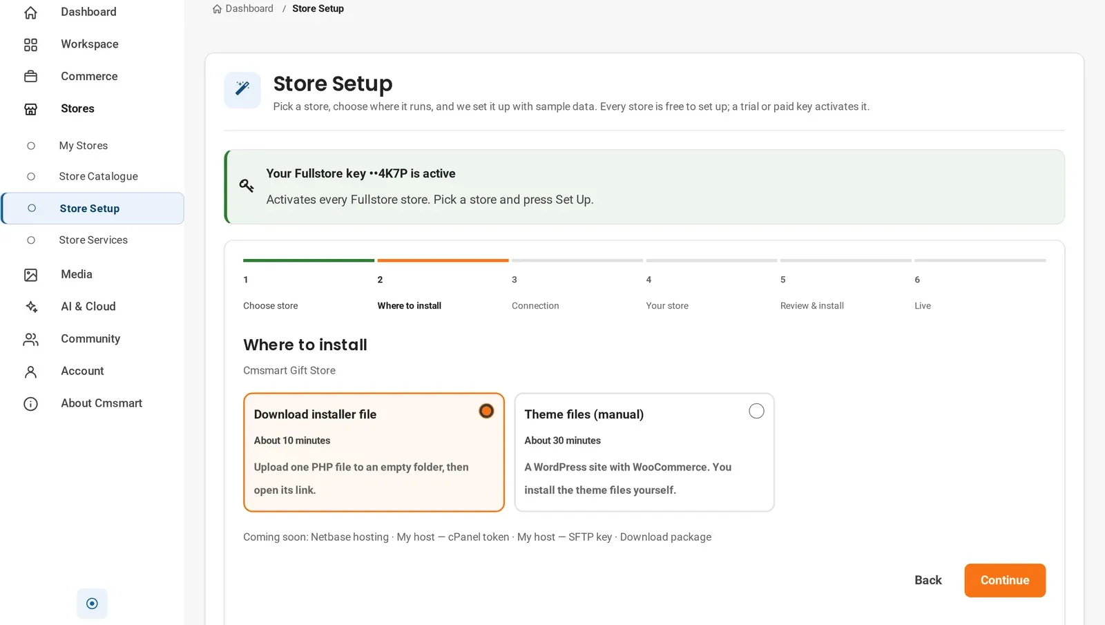 Store Setup v2 Where to install step with Download installer file and Theme files manual options