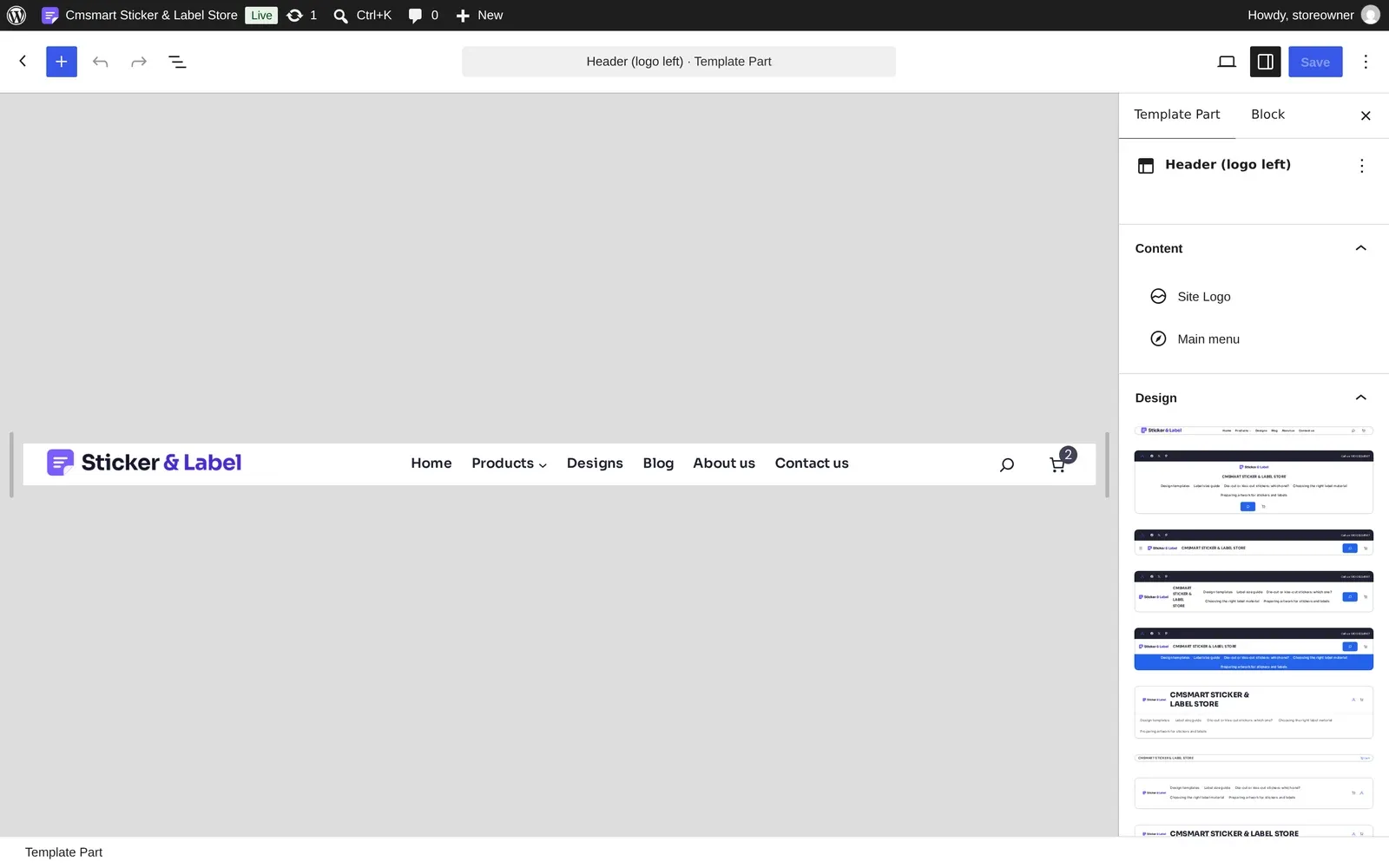 Cmsmart Sticker and Label Store header template part open in the WordPress Site Editor, showing the Site Logo and Main menu blocks