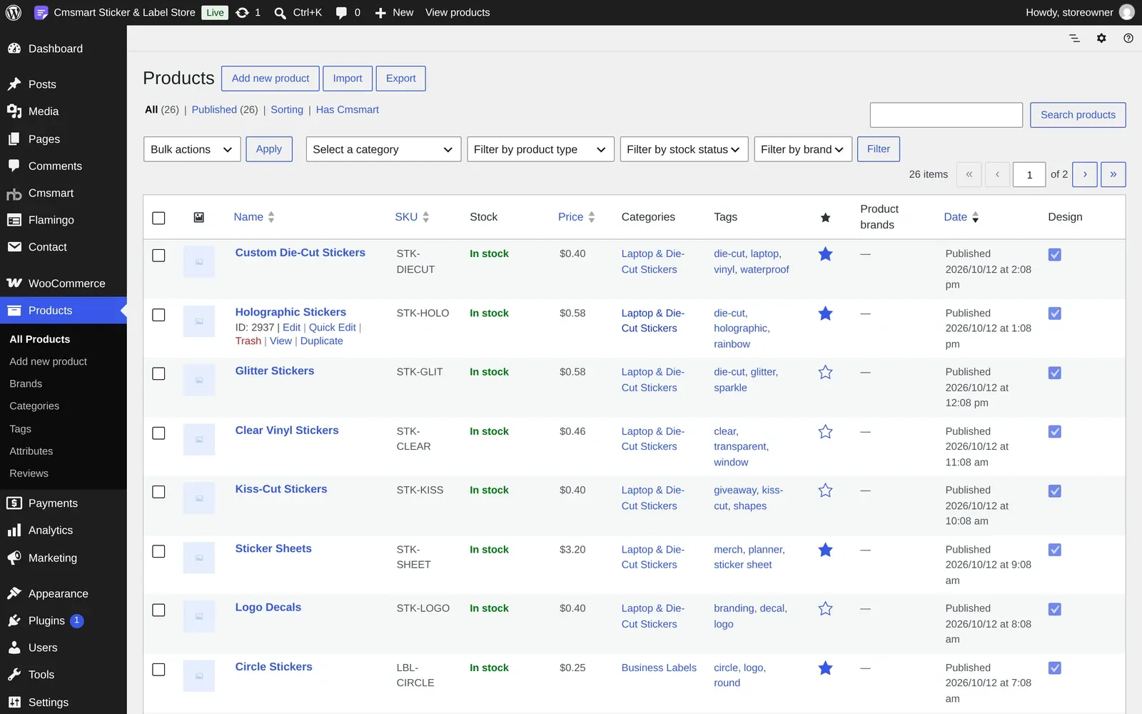 WooCommerce Products list showing the Cmsmart Sticker and Label Store sample catalogue with design enabled column
