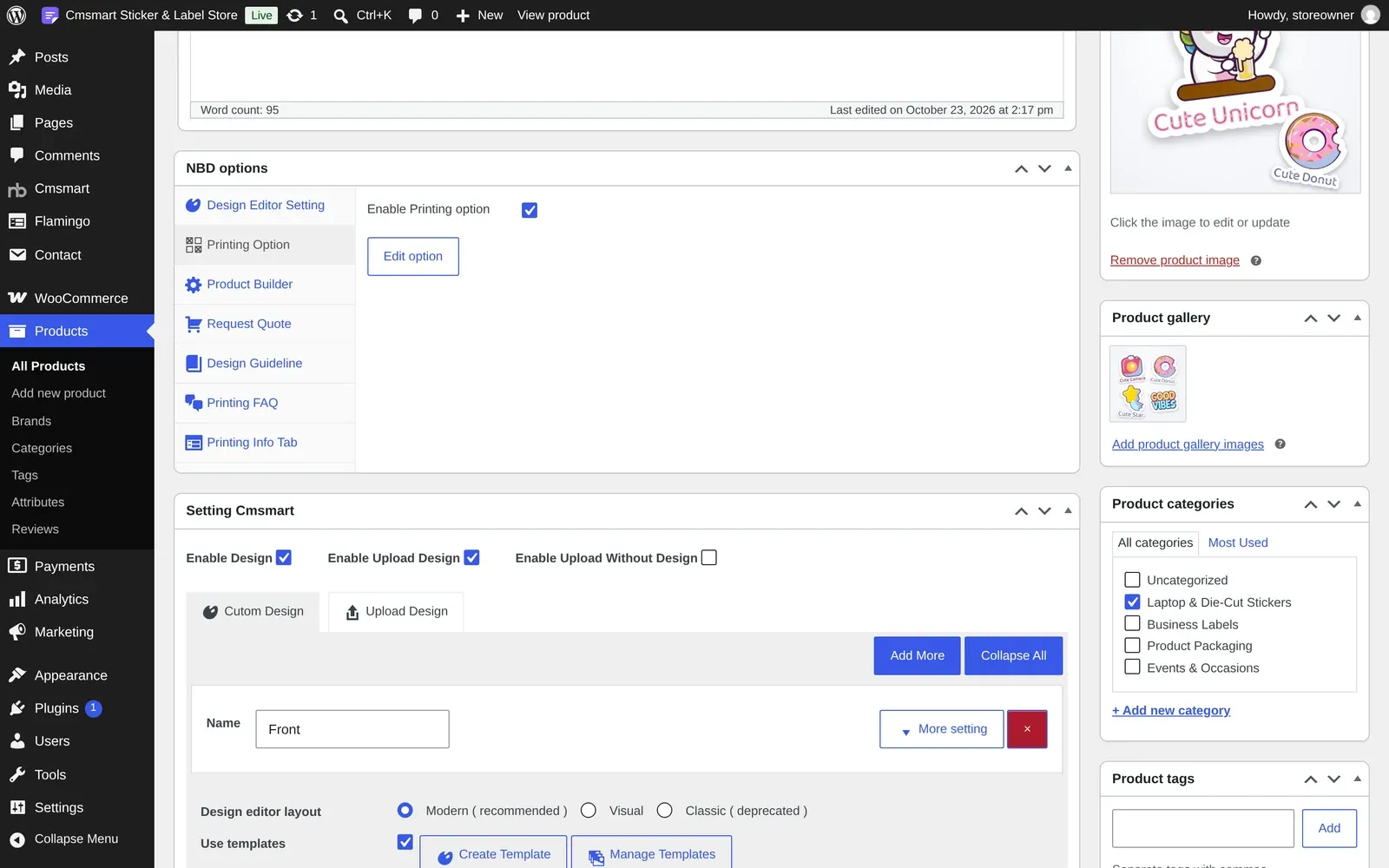 NBD options box on a sample product linking Printing Option, Product Builder and Request Quote tools