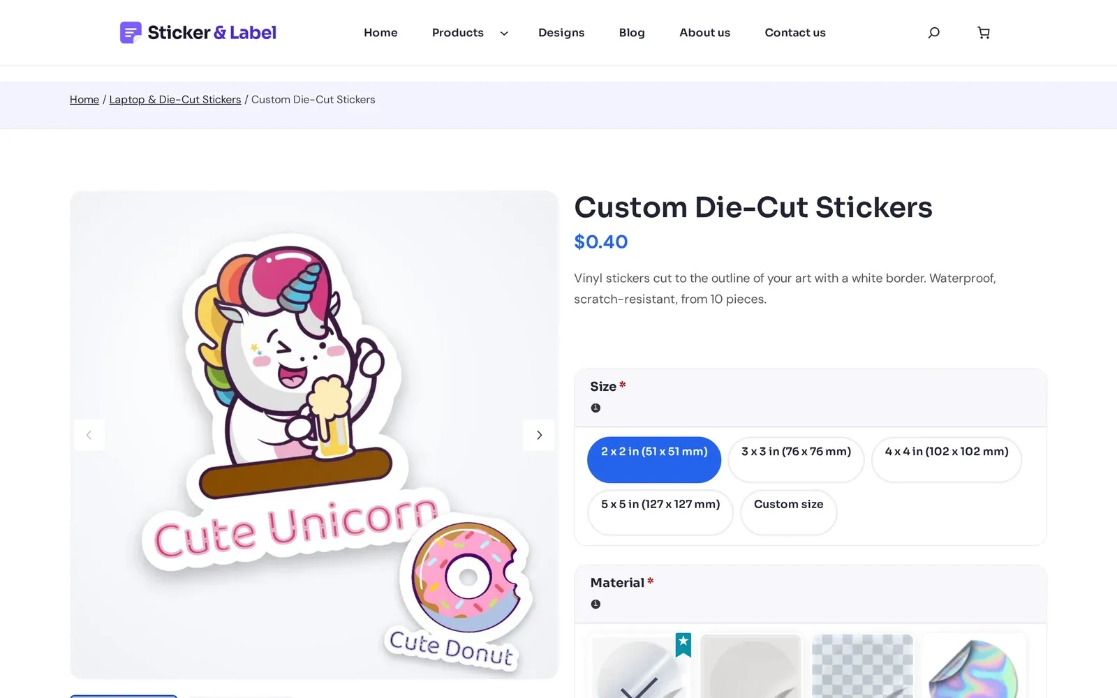 Custom sticker printing WooCommerce store product page for Custom Die-Cut Stickers with size and material choices