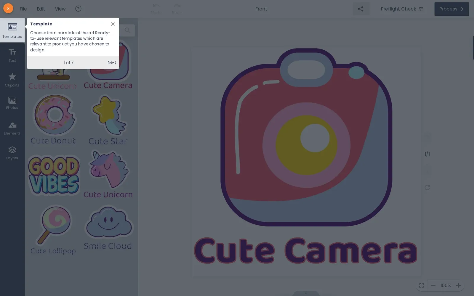 Cmsmart Product Designer online editor open on a sticker product with templates and layers tools