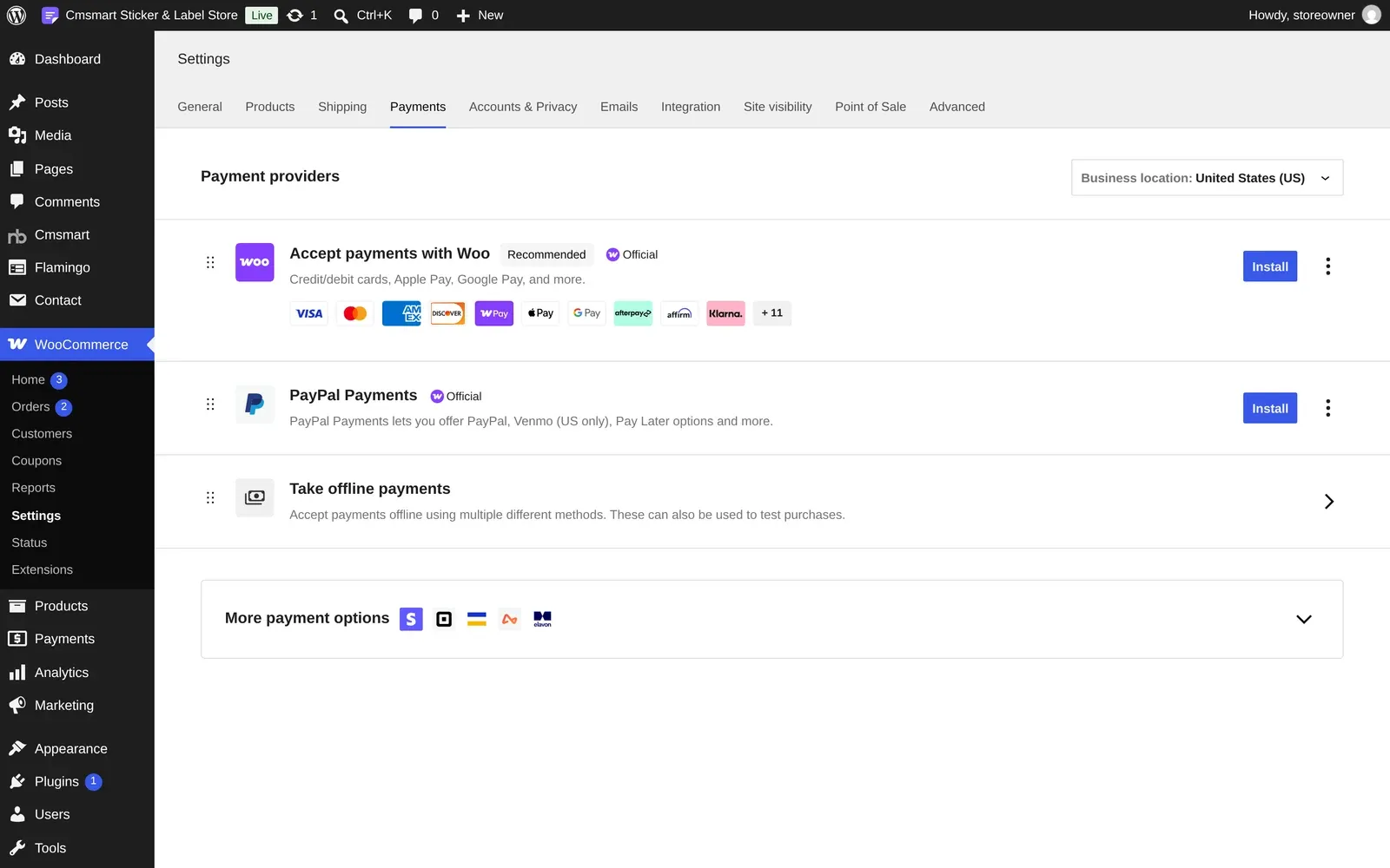 WooCommerce Settings Payments tab listing Woo Payments, PayPal Payments and offline payment options