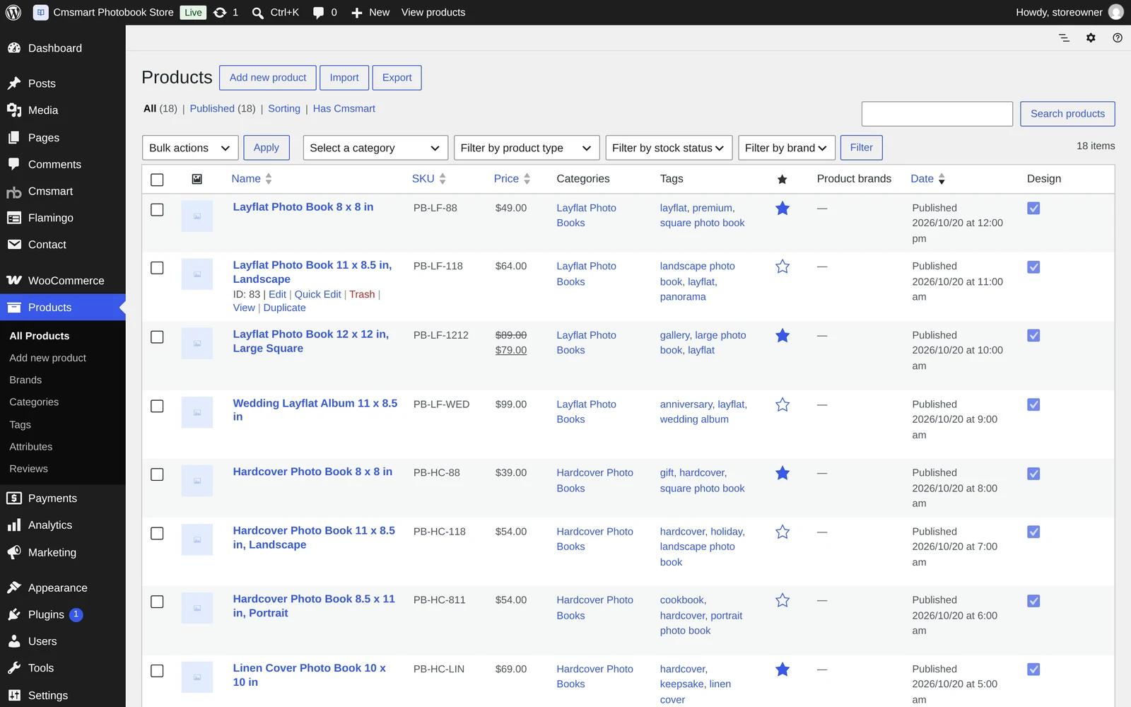 WooCommerce Products list showing the imported photo book catalogue and Design column