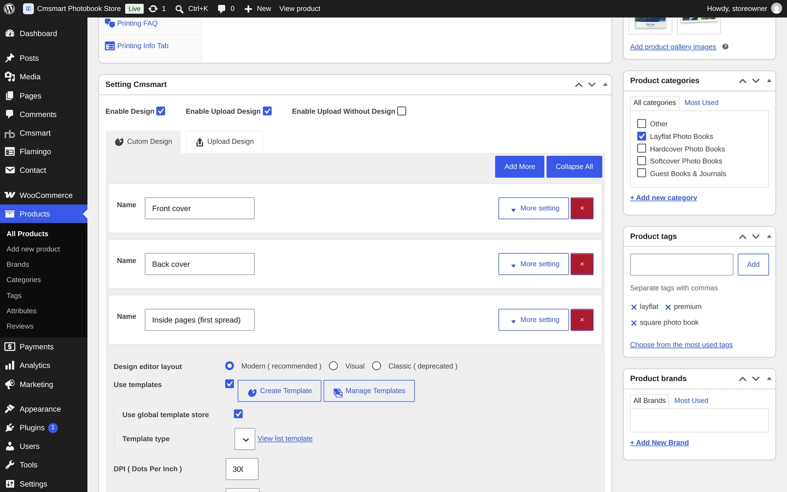 Cmsmart product designer settings with Enable Design and Enable Upload Design options