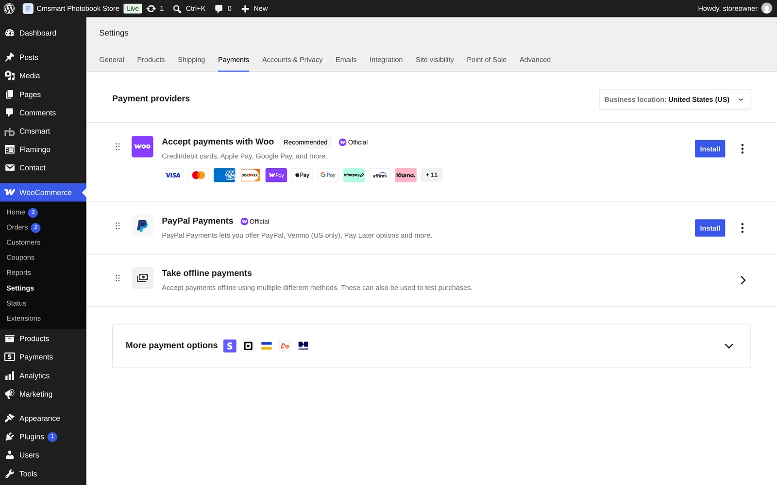 WooCommerce Payments settings listing card, PayPal and offline payment methods
