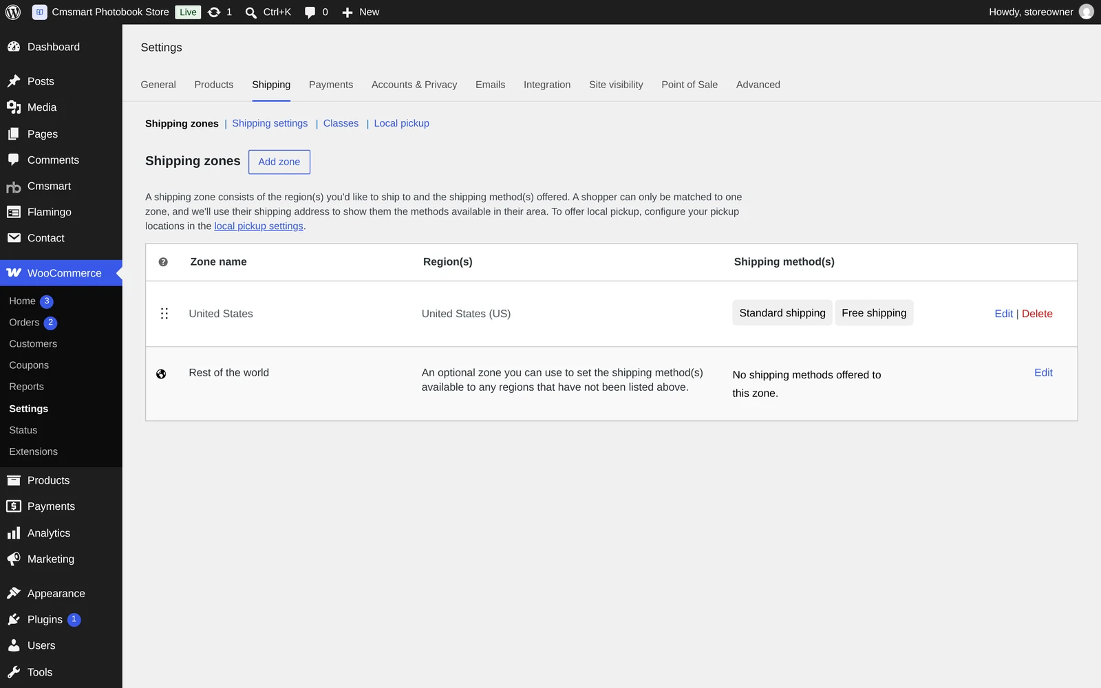 WooCommerce Shipping zones screen with a United States zone and shipping methods
