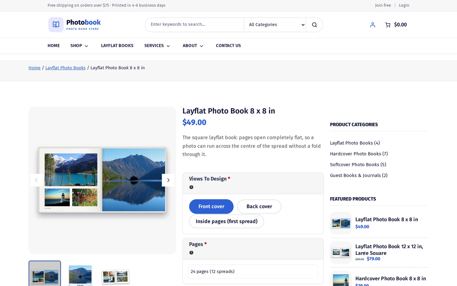 Photo book printing WooCommerce store product page with live price and page-count options