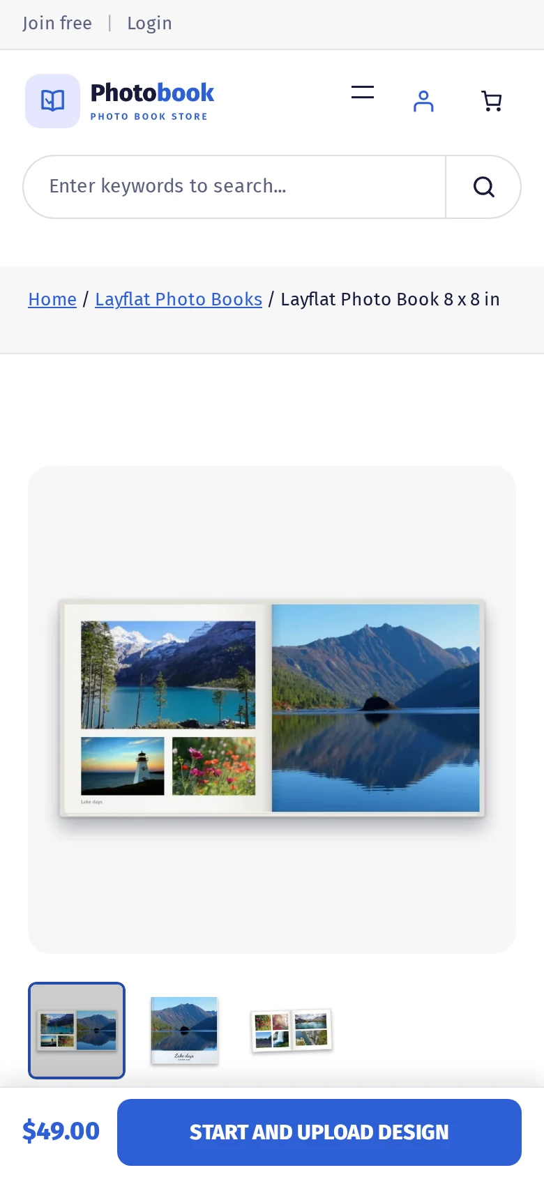 Mobile photo book product page at 390 pixels wide with the start design button