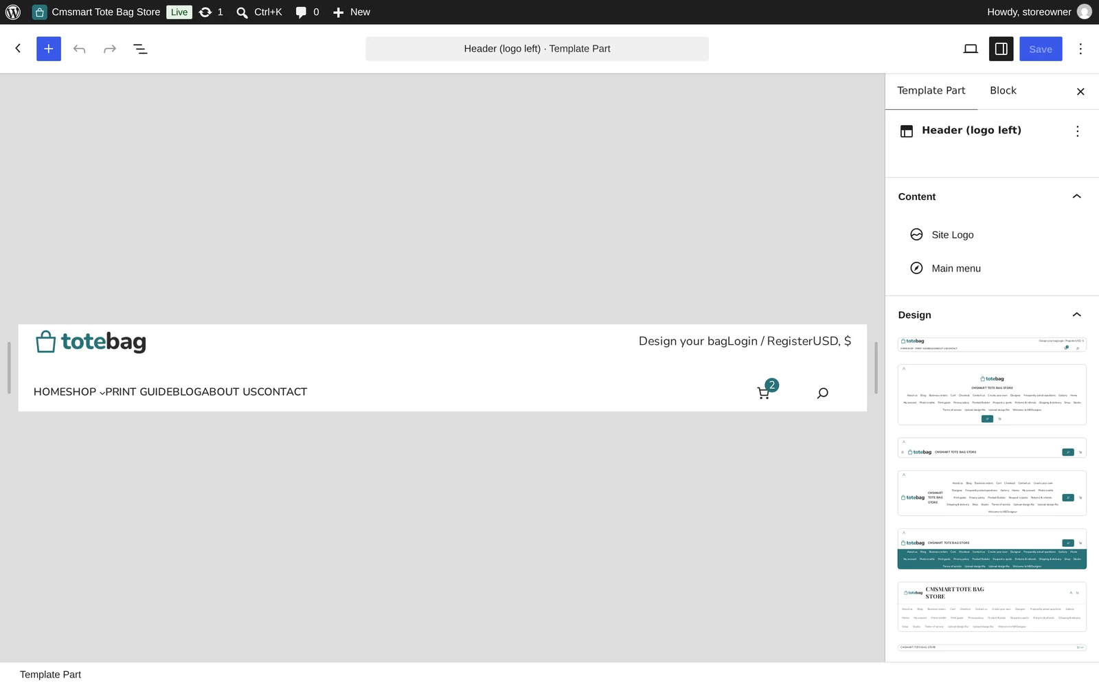 Site editor open on the header template part showing the logo, menu and cart icon