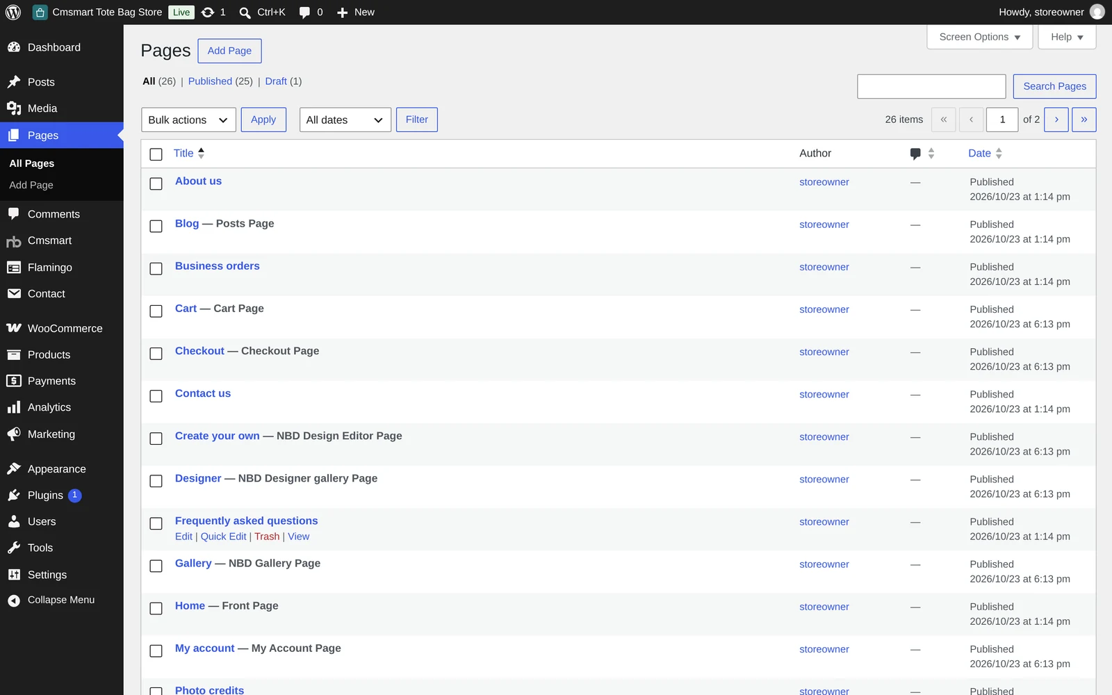 Pages list showing the pages imported by Store Setup for the tote bag store