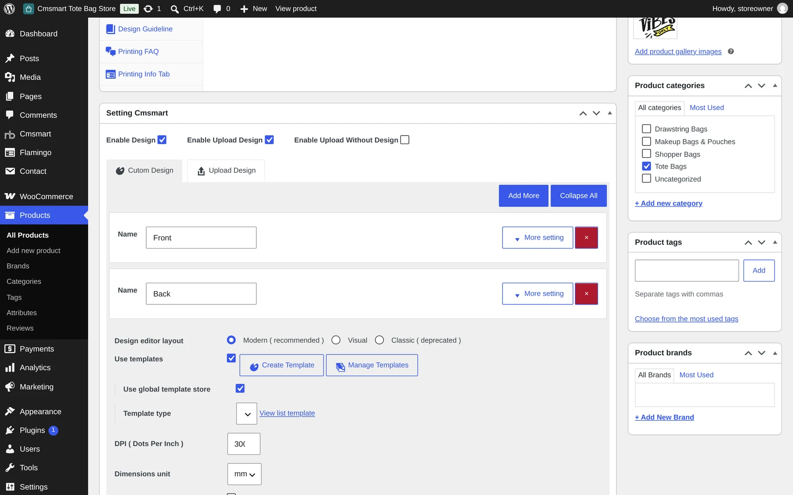 Setting Cmsmart box on a product edit screen with Enable Design and Enable Upload Design turned on