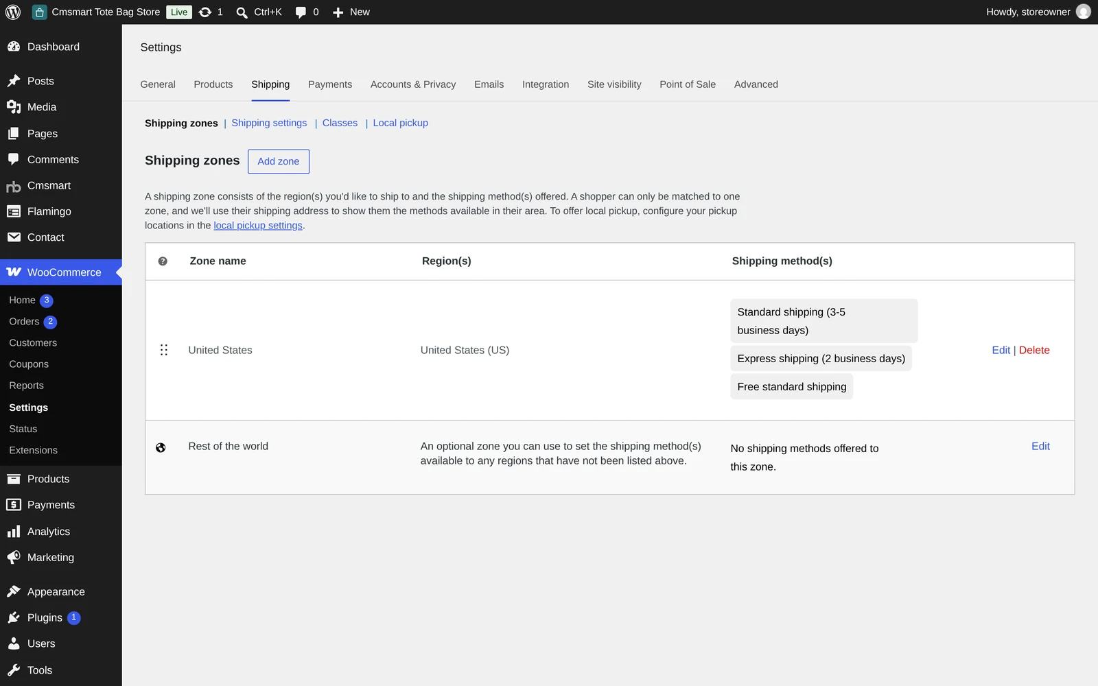 WooCommerce Settings Shipping screen with zones and shipping methods for the tote bag store
