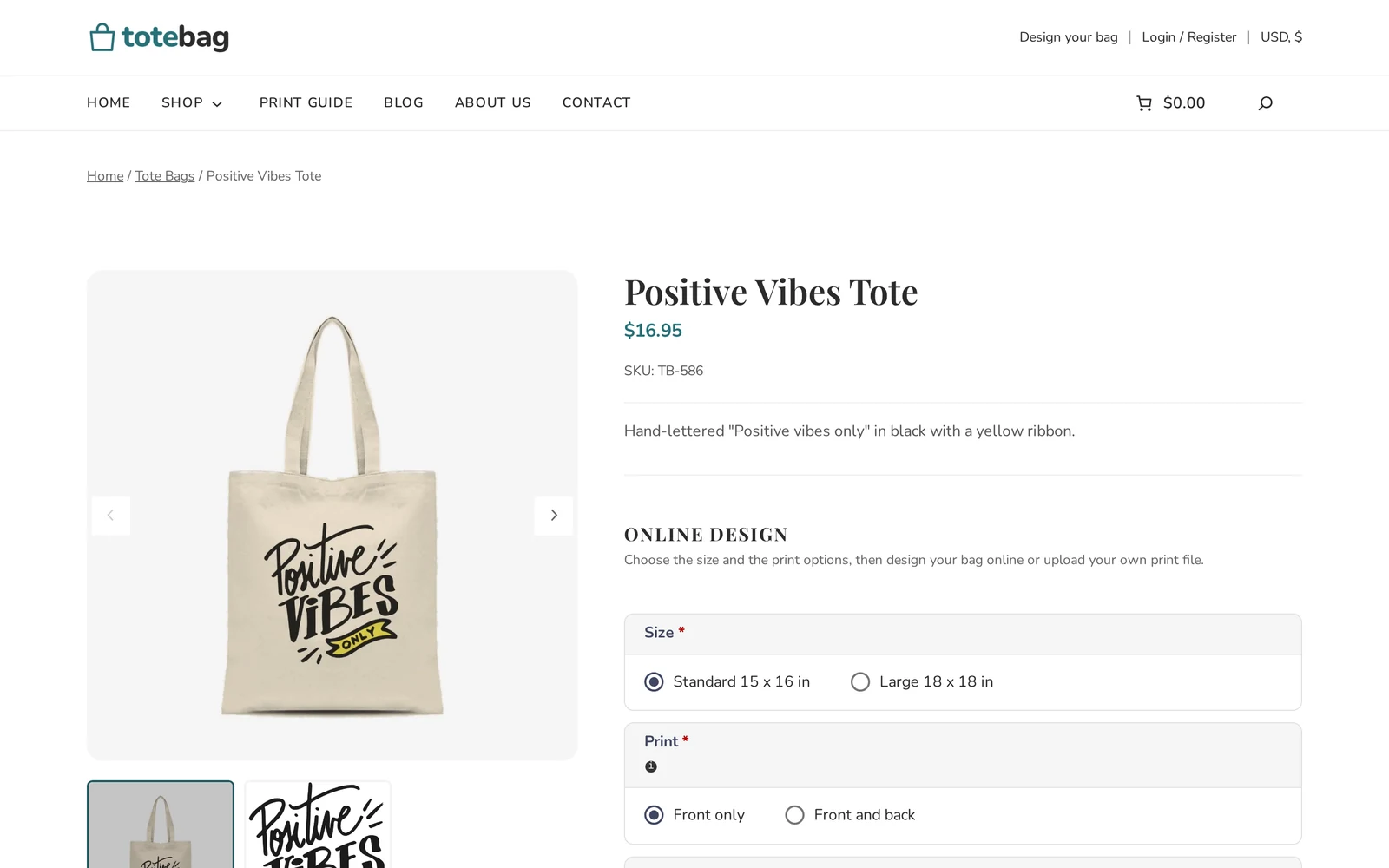 Custom tote bag printing WooCommerce store product page with size and print side options