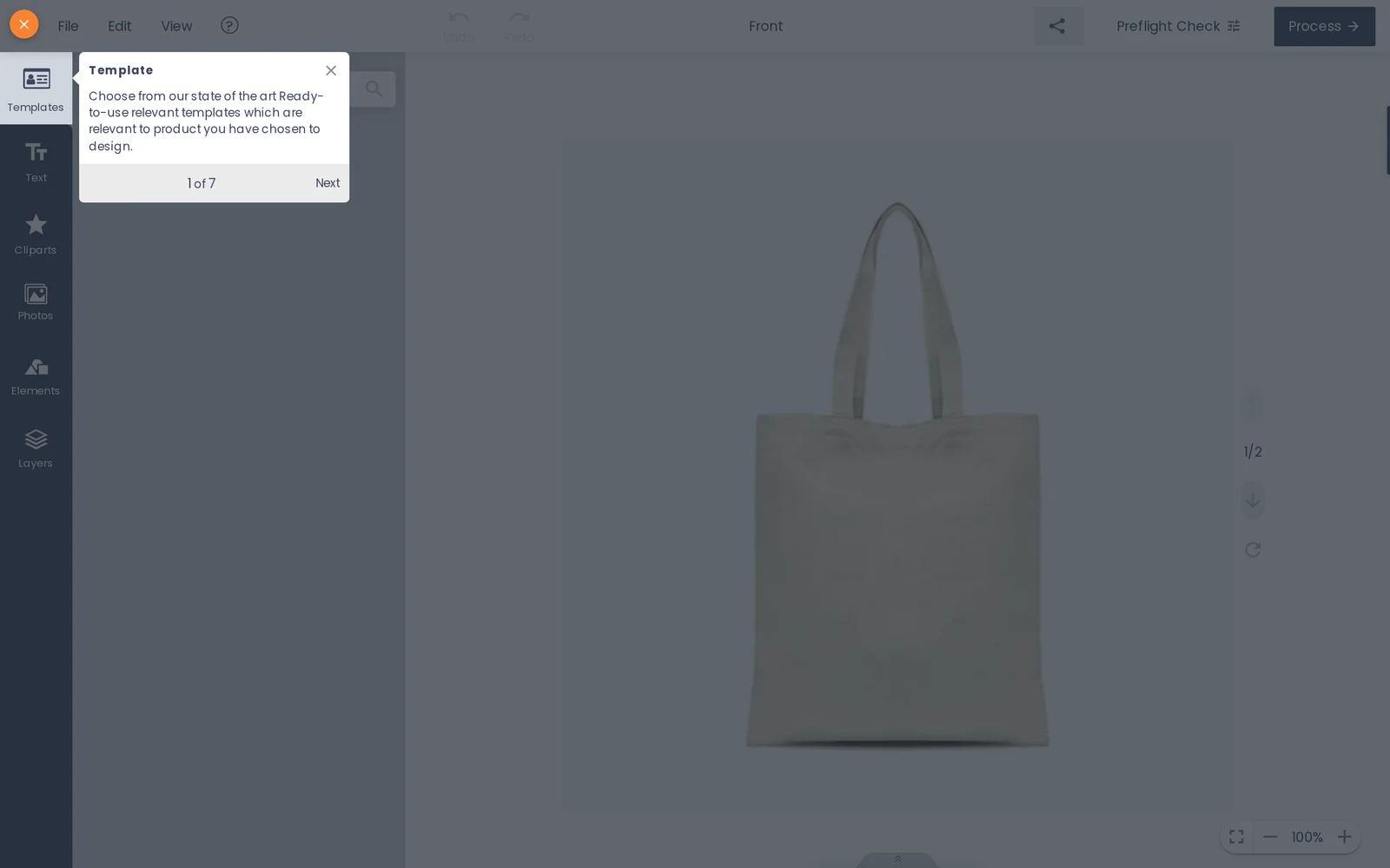 Cmsmart Product Designer open on a tote bag with the templates, text and layers toolbar