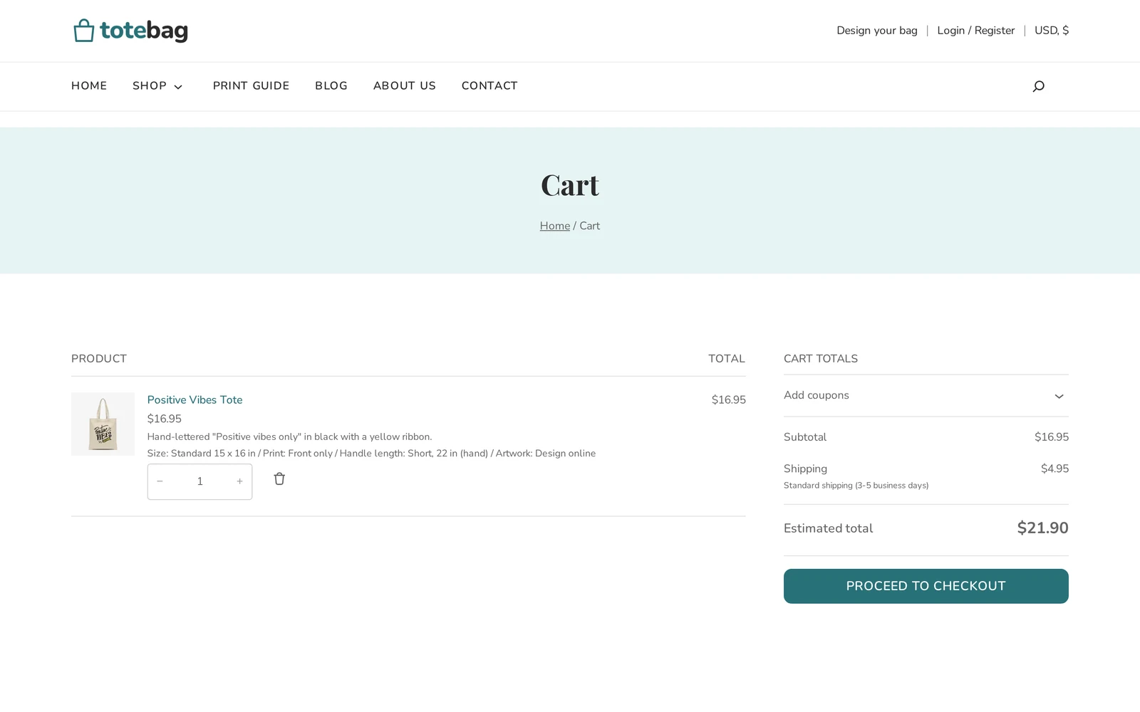 Cart page showing a designed tote bag with size, print and handle length options listed