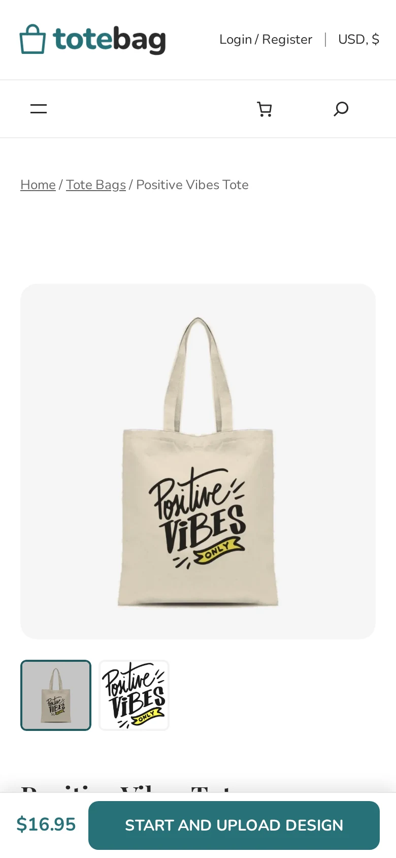 Mobile product page for a custom tote bag with a sticky start design button