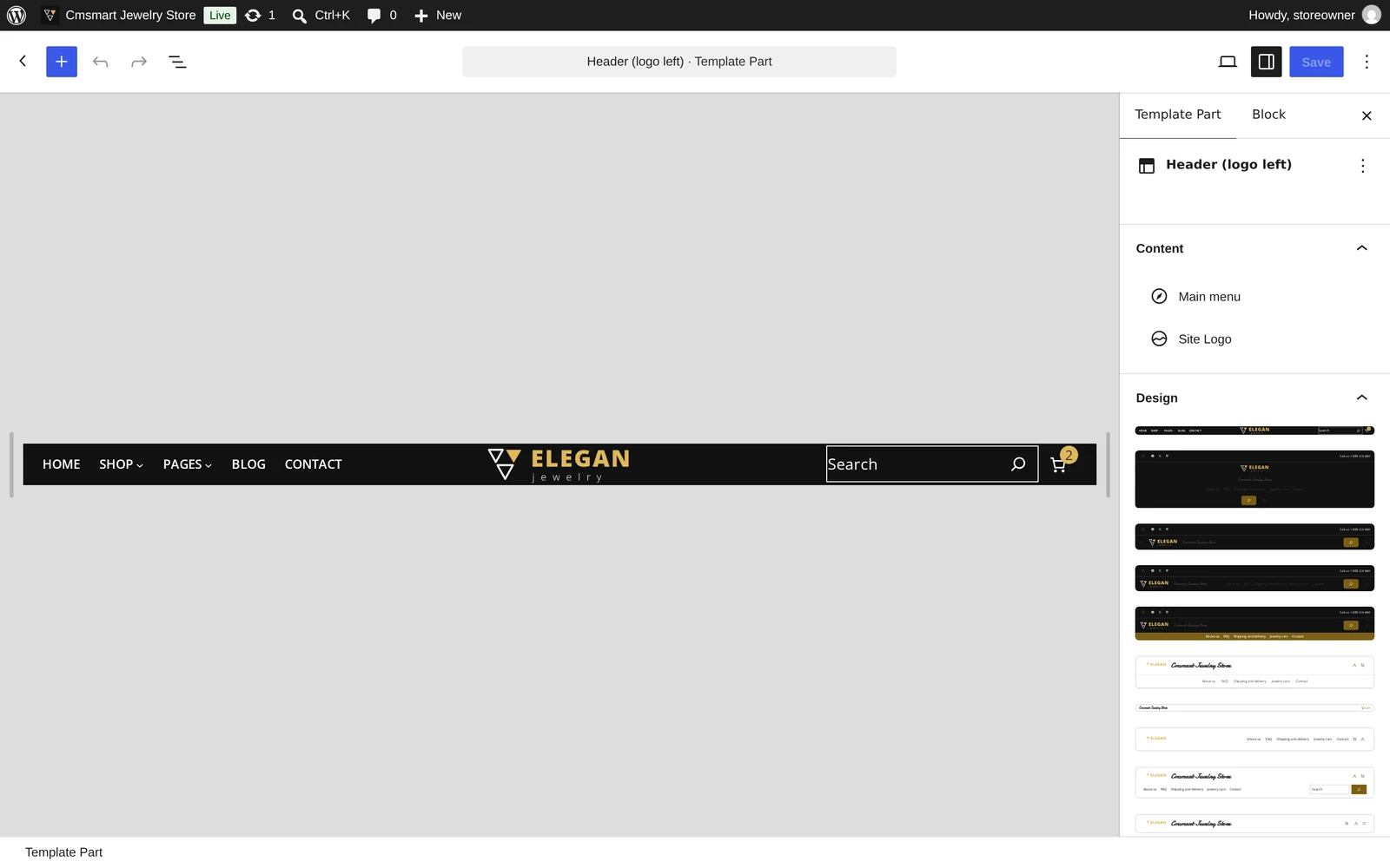 WordPress Site Editor open on the Cmsmart Jewelry Store header template part with the site logo and main menu