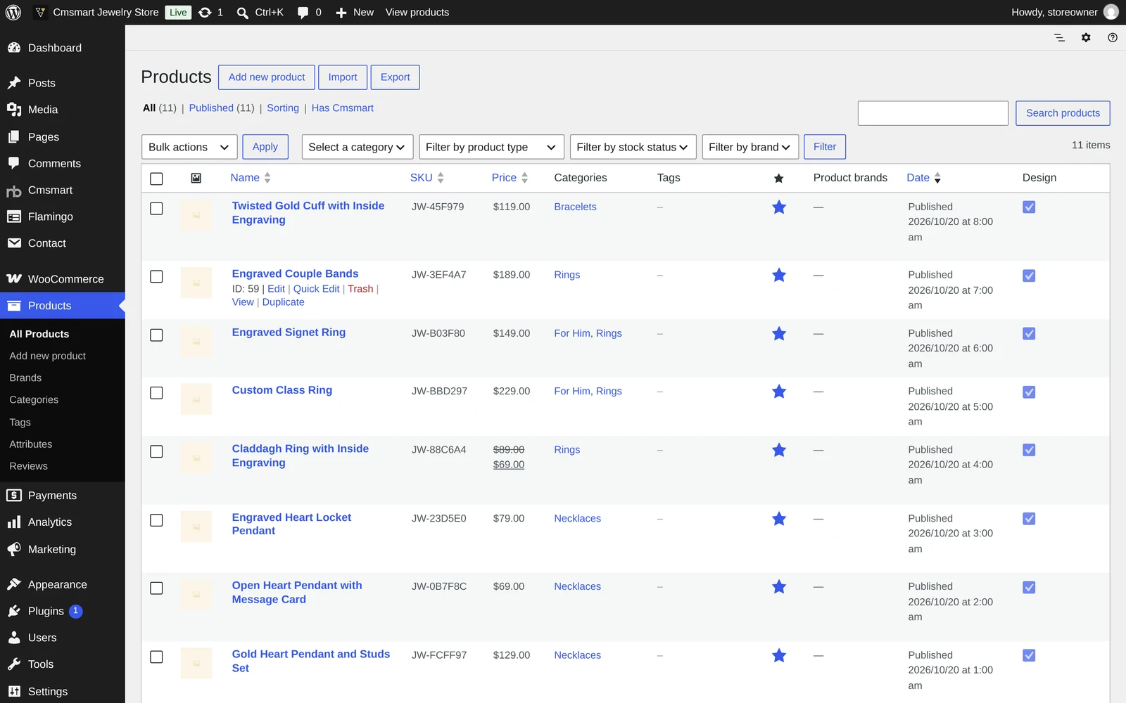 WooCommerce Products list showing the Cmsmart Jewelry Store sample catalogue of rings, pendants and bracelets