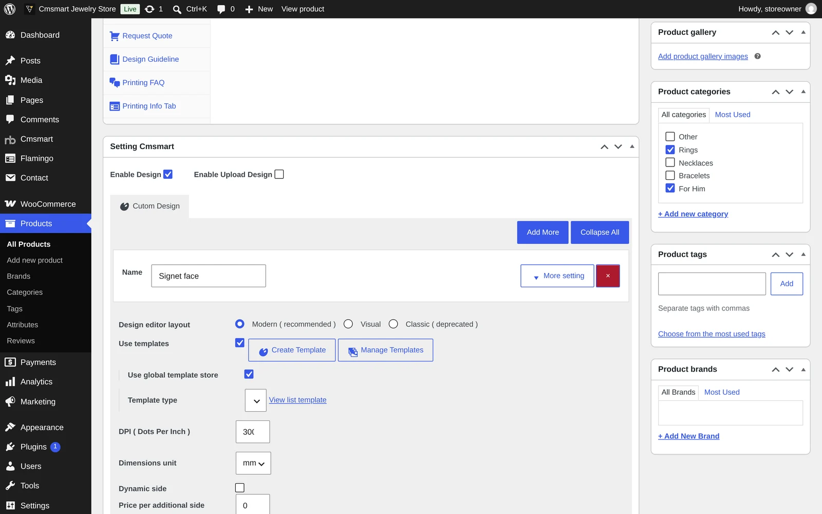 Cmsmart product edit screen showing the Setting Cmsmart box with Enable Design and a custom design area named Signet face