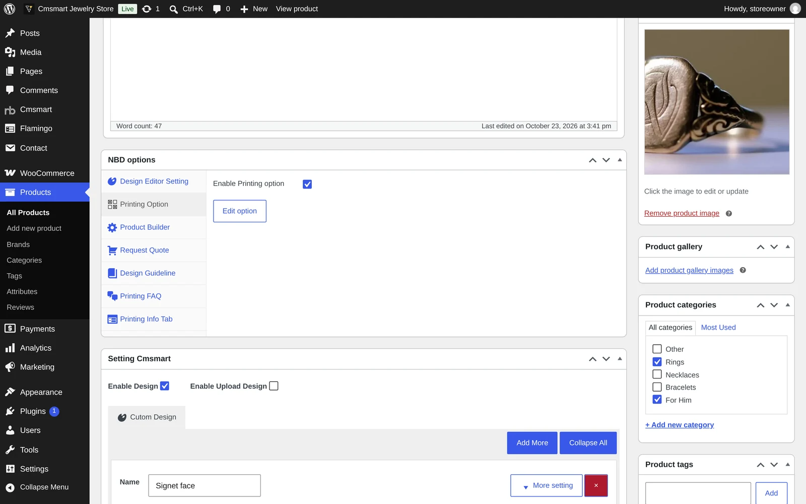Cmsmart product edit screen NBD options panel with the Printing Option tab and Edit option button