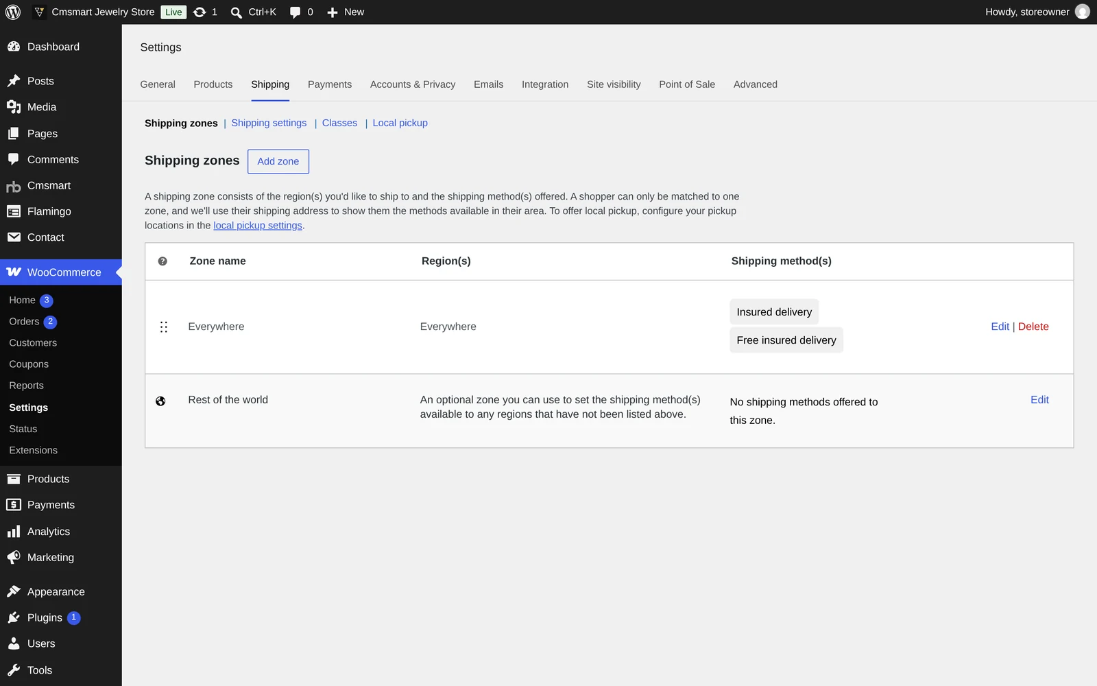 WooCommerce Shipping zones screen with an Everywhere zone offering insured delivery and free insured delivery