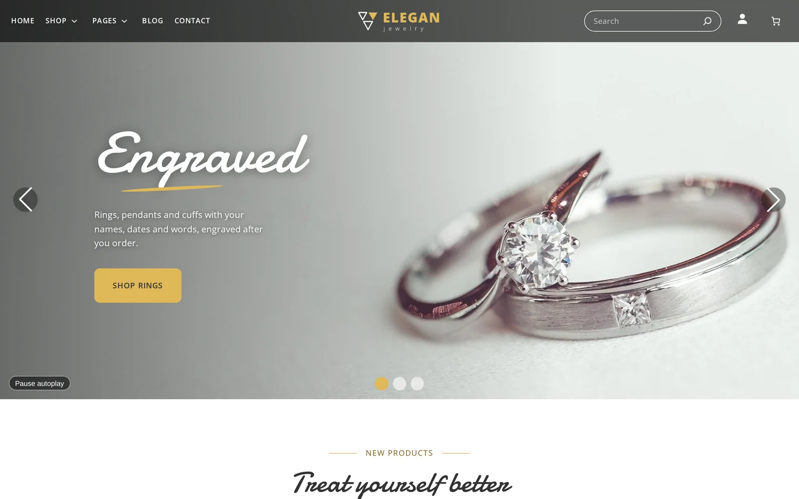 Jewelry storefront home page hero with a close-up photo of engraved rings and a Shop Rings button