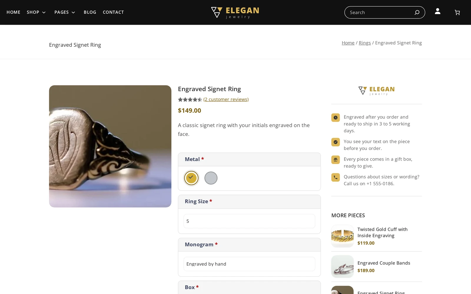 Product page of a personalized jewelry engraving WooCommerce store showing metal, ring size and monogram fields with the price