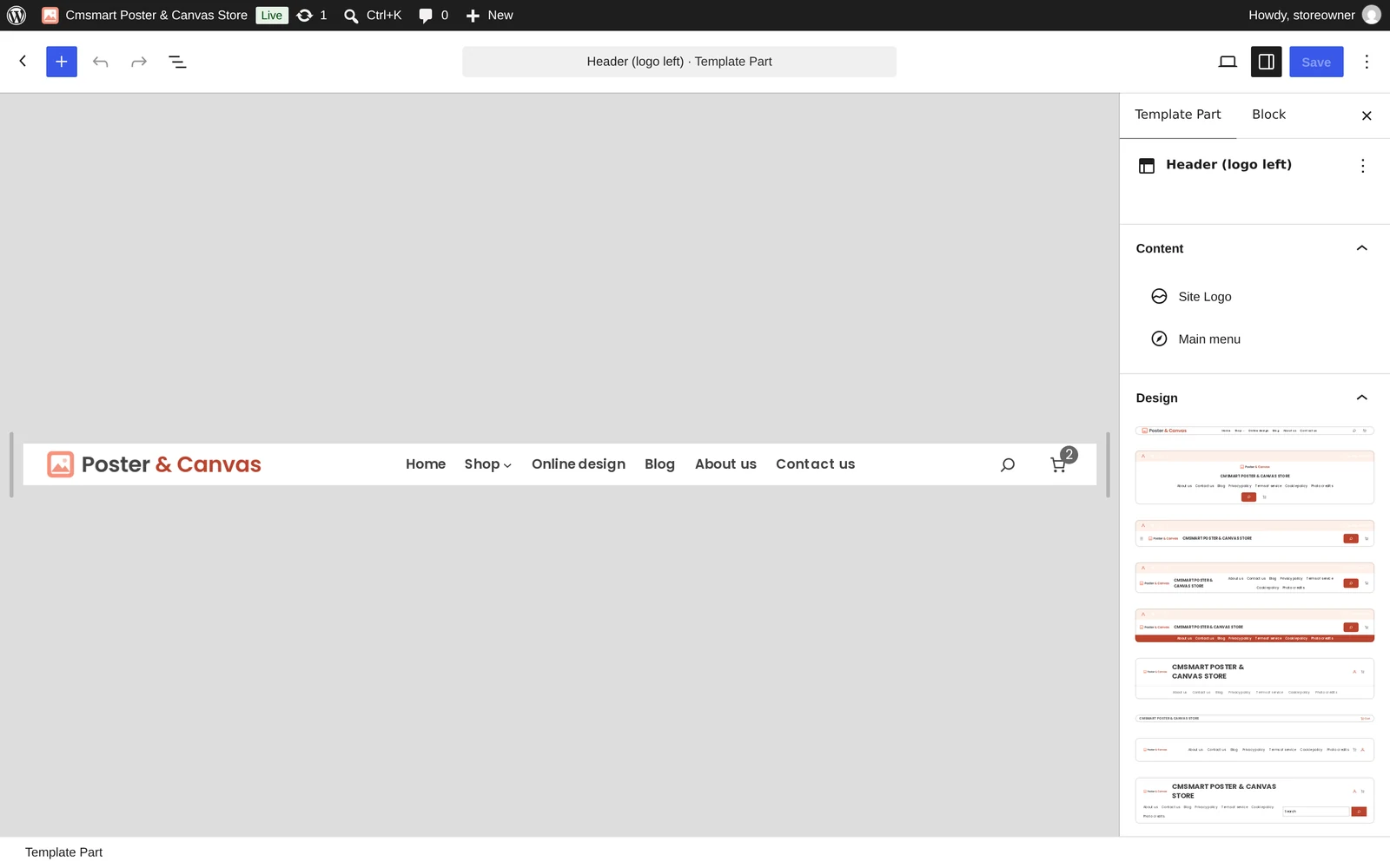 Header template part for a poster and canvas printing WooCommerce store open in the WordPress site editor, with the logo and main menu blocks selected
