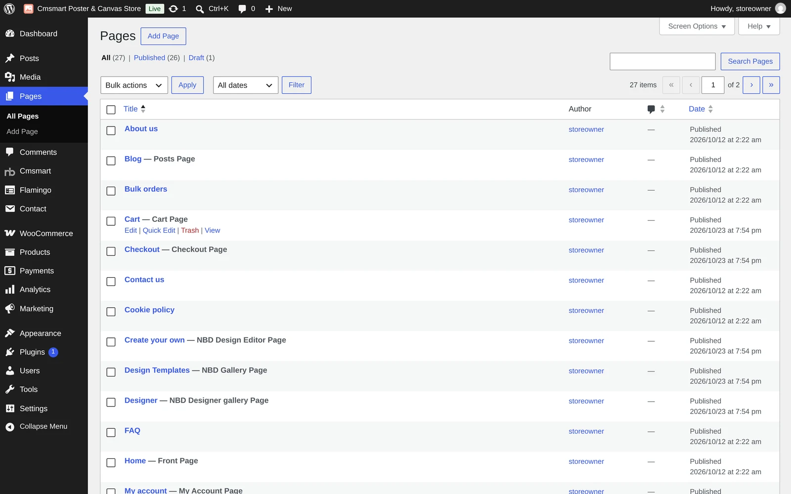 All Pages screen in wp-admin listing the pages Store Setup imported for the Cmsmart Poster and Canvas Store