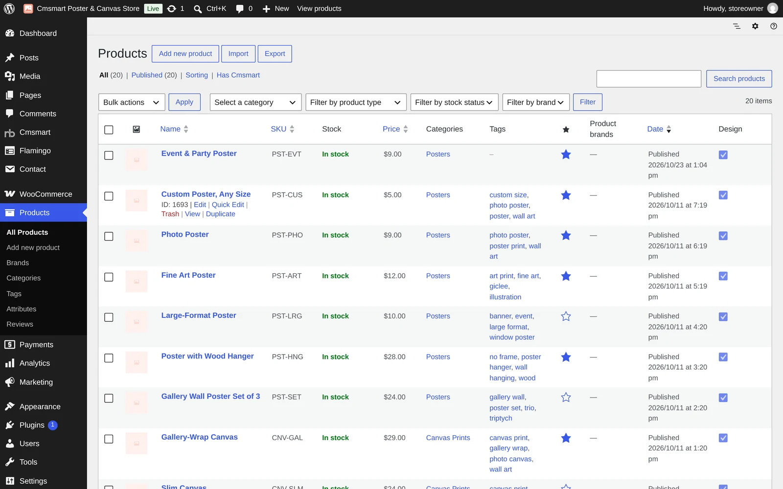 Products list in wp-admin showing the sample catalogue of a poster and canvas printing WooCommerce store, with prices and categories