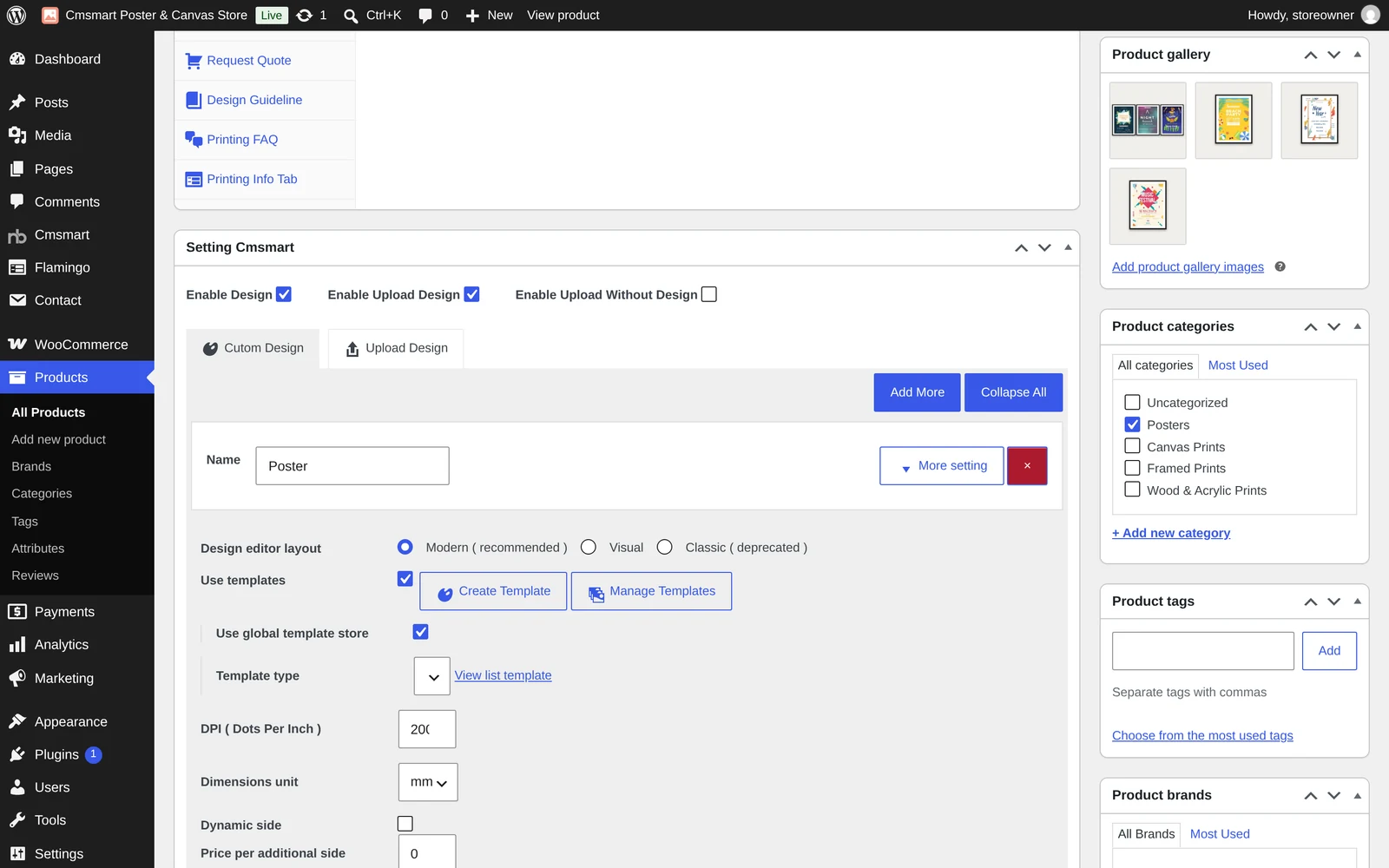 Cmsmart Product Designer Design Editor Setting tab on a product, with Enable Design, Enable Upload Design, templates and DPI fields