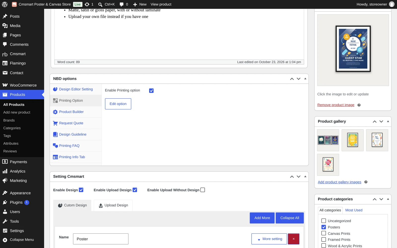 NBD options box on a product showing the Printing Option and Request Quote tabs for a poster and canvas printing WooCommerce store