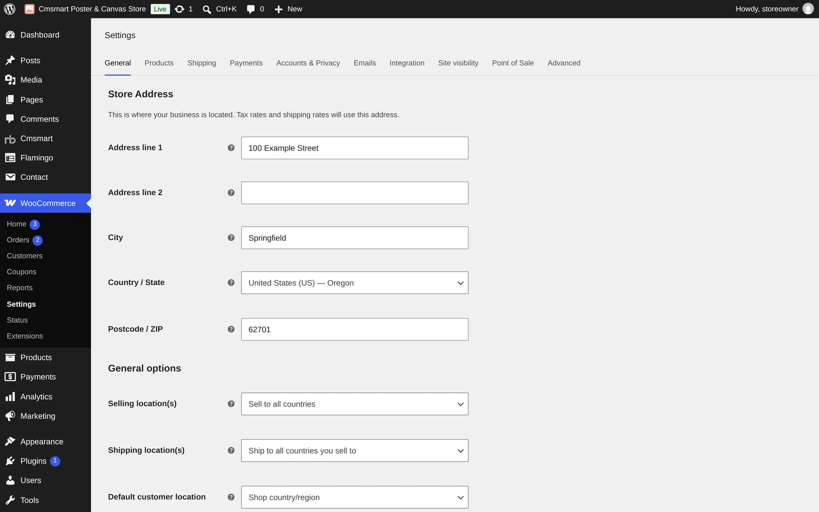 WooCommerce General settings showing store address, selling locations and currency options