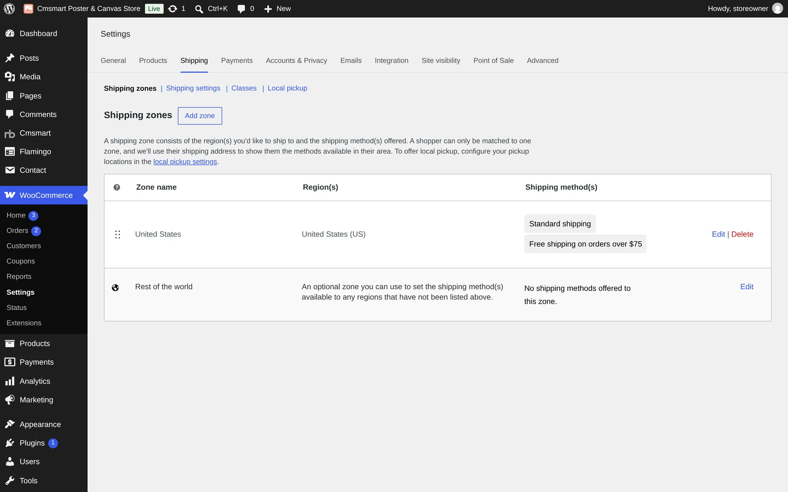 WooCommerce Shipping zones screen with a United States zone and its shipping methods