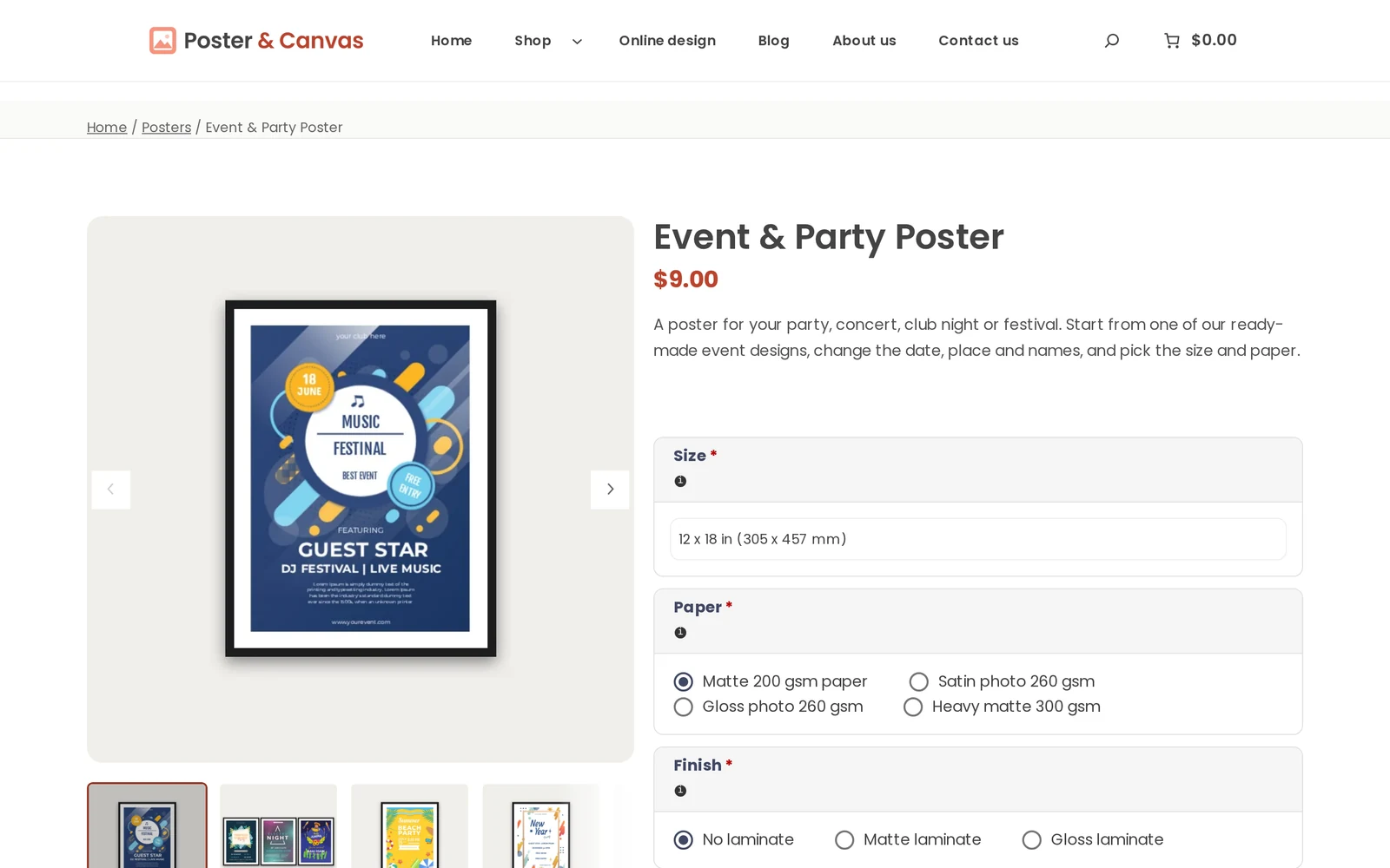 Product page on a poster and canvas printing WooCommerce store, with size and paper options and the price updating live