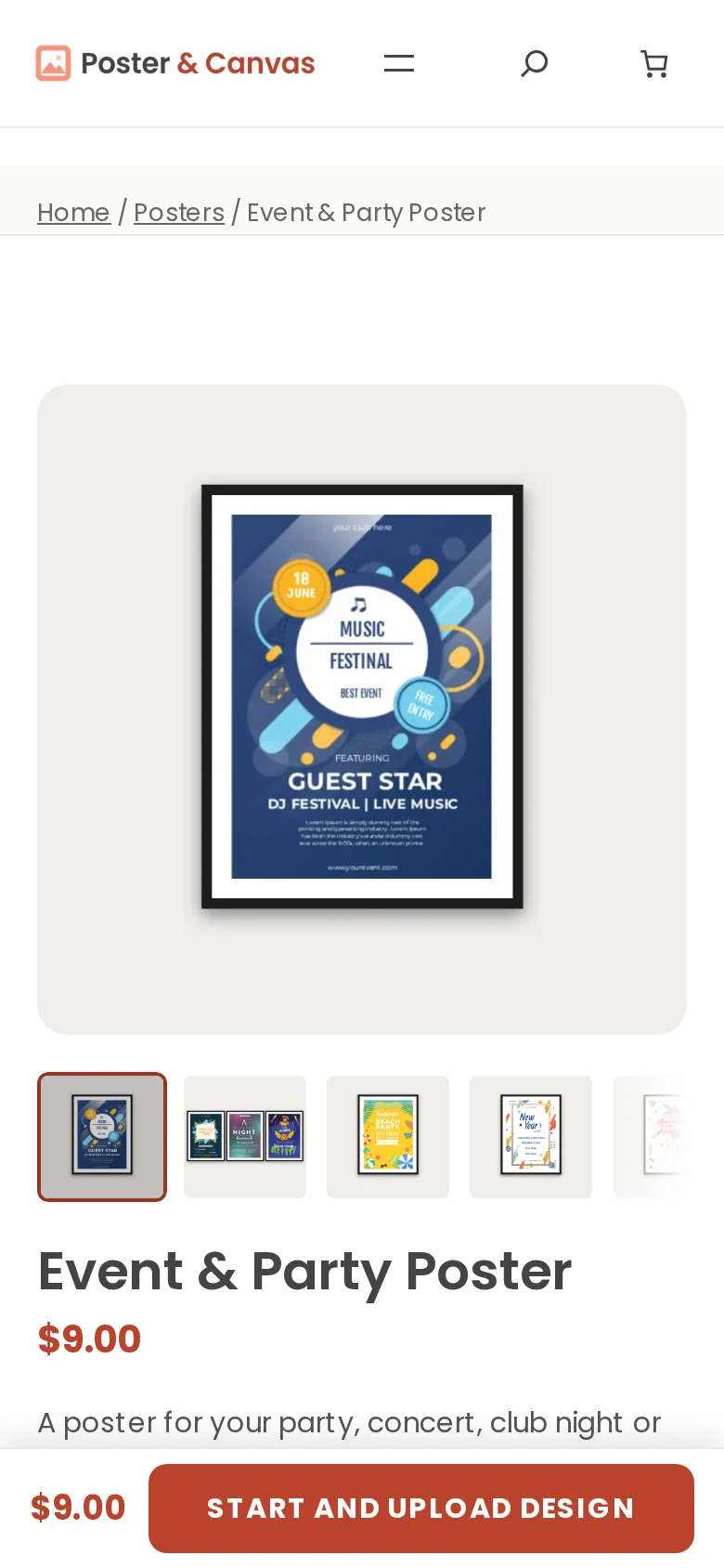 Mobile product page of a poster and canvas printing WooCommerce store on a phone-sized screen