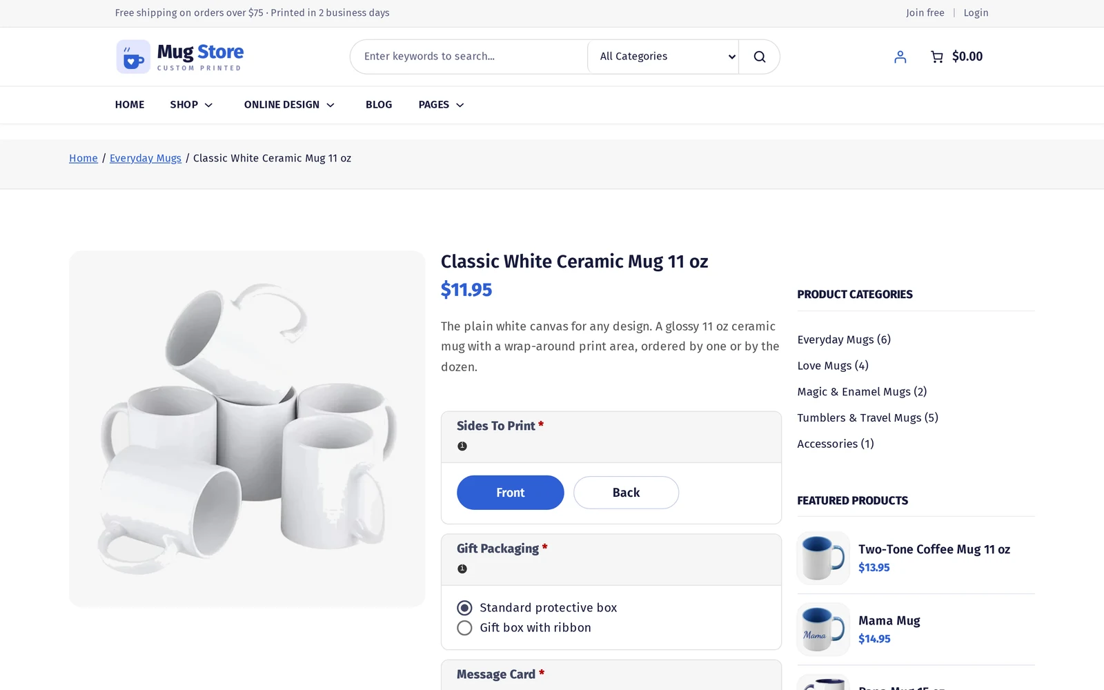 Personalized mug WooCommerce store setup: product page on the Cmsmart Mug Store theme with sides, gift packaging and message card options