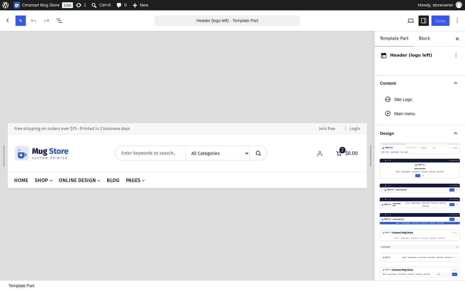 WordPress Site Editor open on the Cmsmart Mug Store header template part, showing the Site Logo and main menu blocks