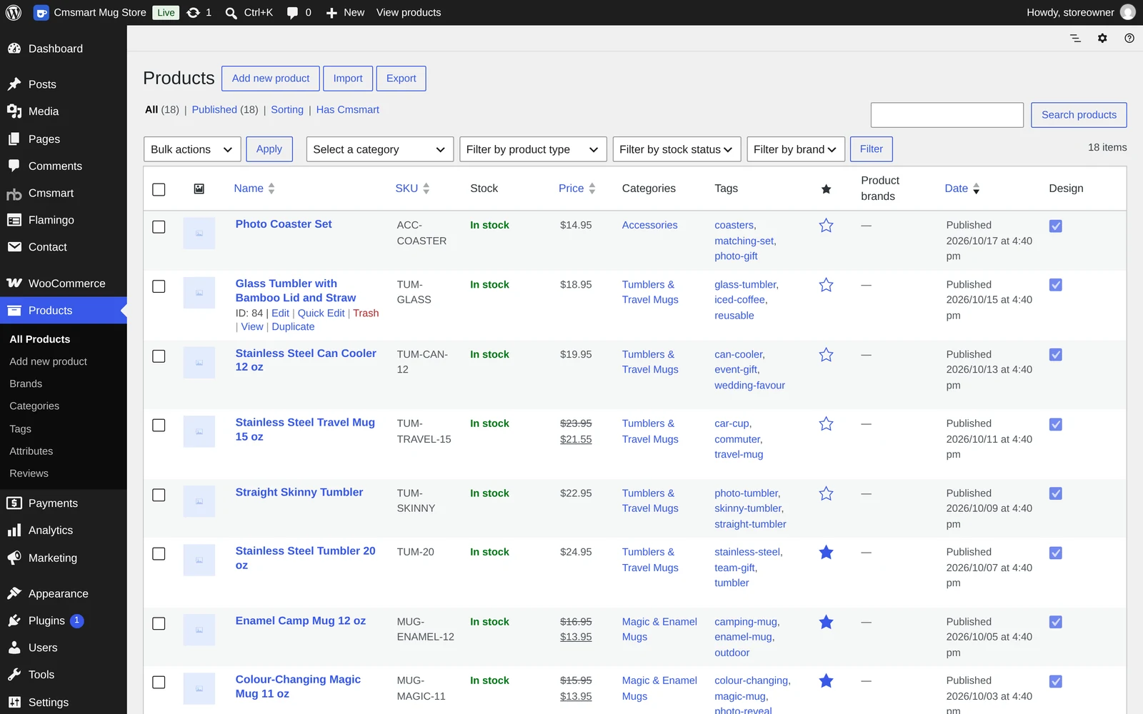WooCommerce products list showing the sample personalized mug and tumbler catalogue with Cmsmart design enabled