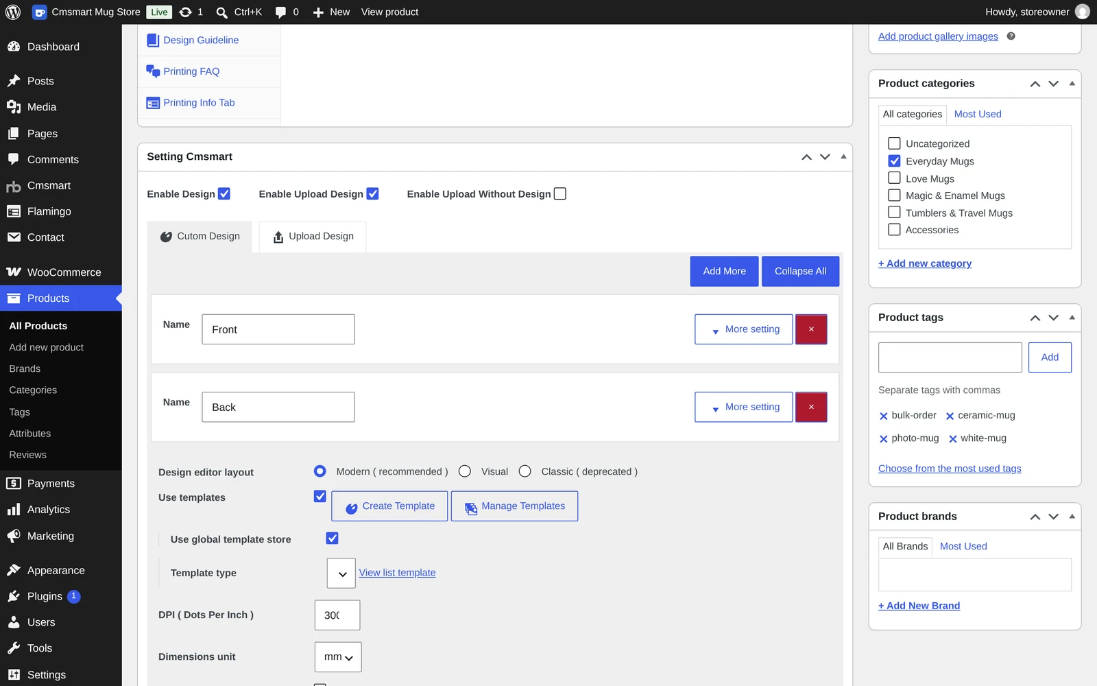 Cmsmart Product Designer printing option settings on a mug product edit screen in WooCommerce