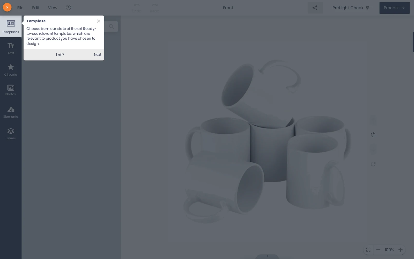 Cmsmart Product Designer open on a personalized mug product, with Templates, Text, Cliparts, Photos, Elements and Layers tools